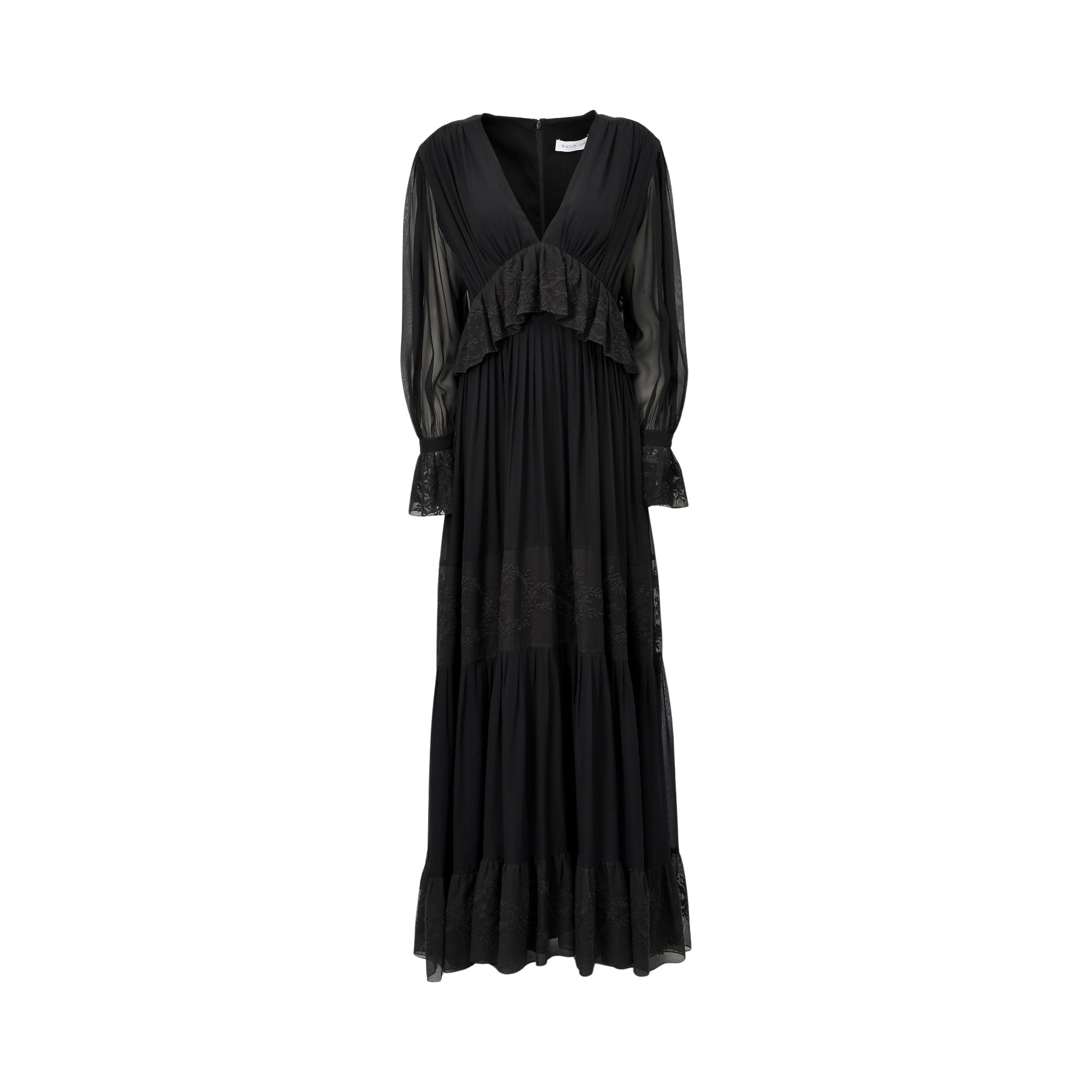 Black maxi-length dress with V-neck, sheer long sleeves, ruffled bust, and tiered skirt with lace panels.