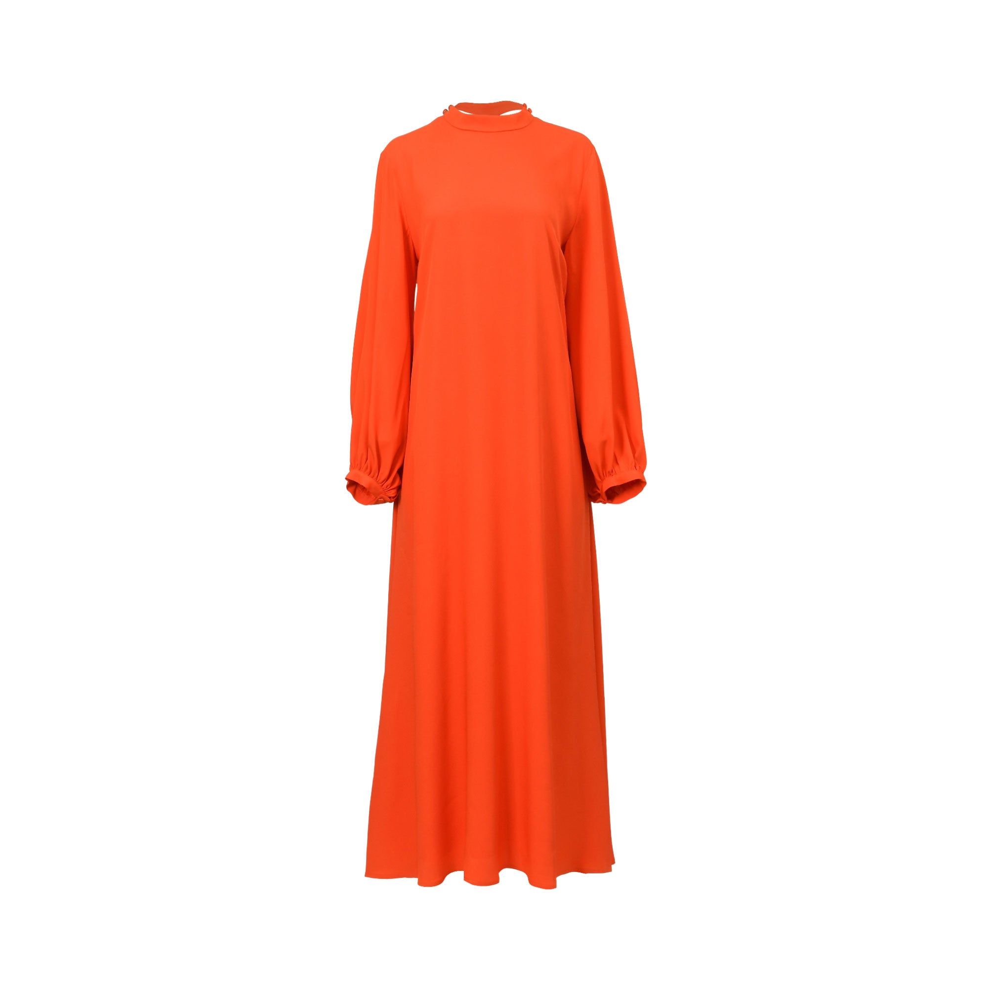 Orange long sleeve high neck maxi dress with a high ruffled collar and gathered cuffs