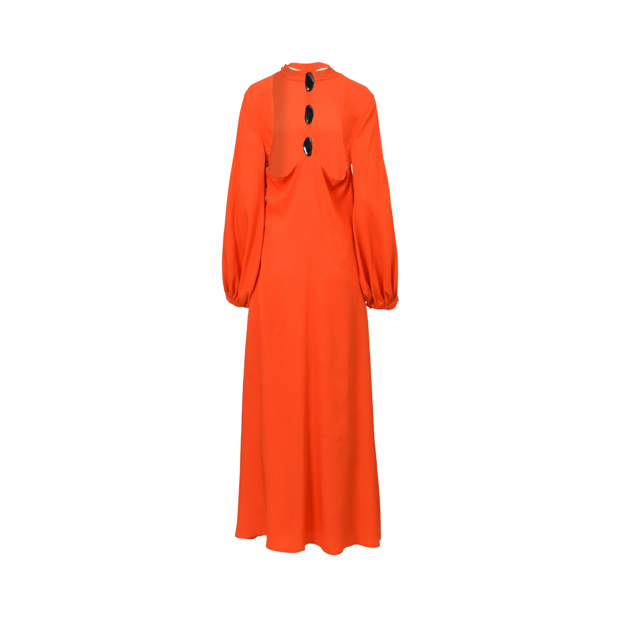 Orange maxi dress with a white-striped high neck, long voluminous sleeves, and three black oval buttons with an asymmetrical