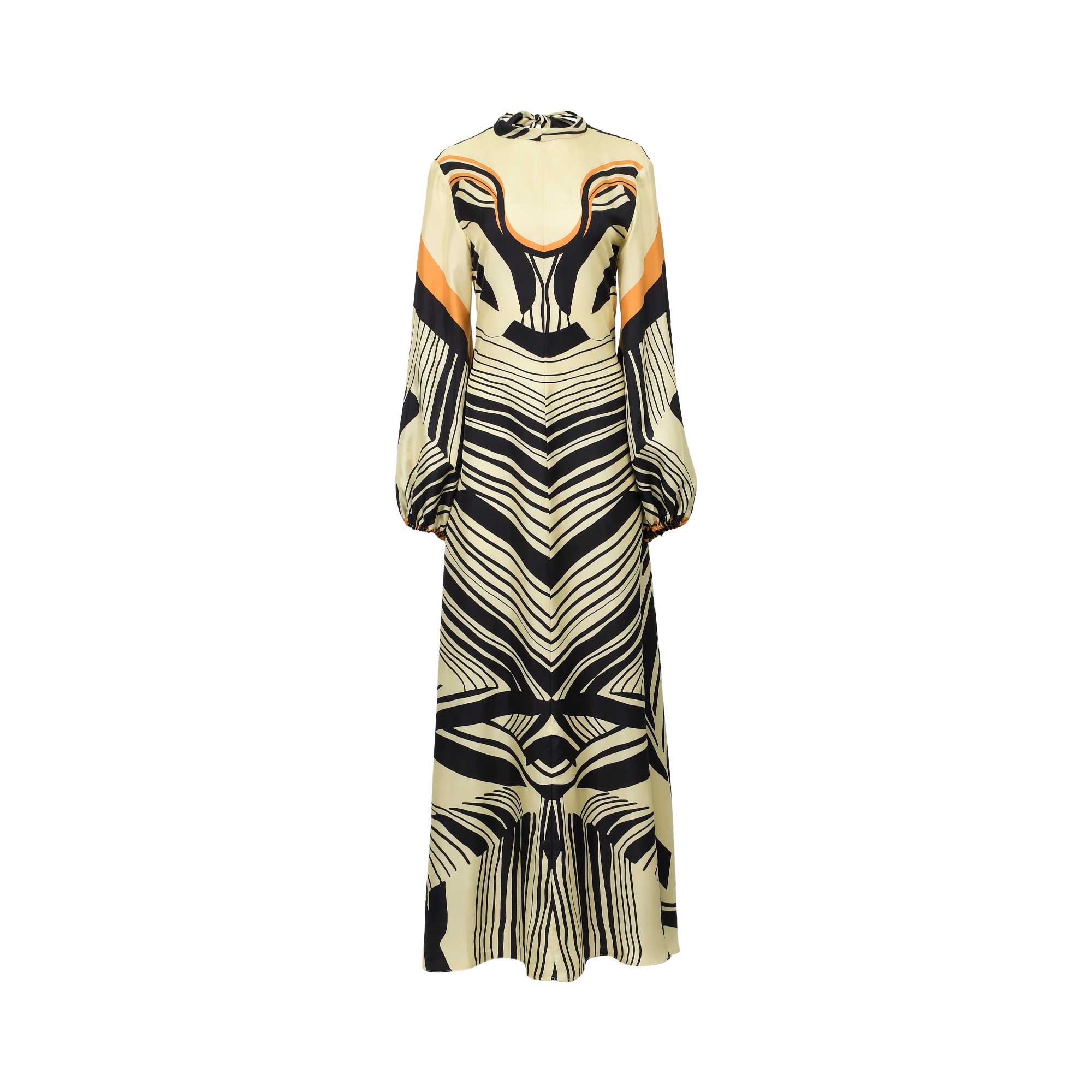 Ivory, black, and tangerine kaftan with a high neck, long balloon sleeves, and an abstract geometric pattern.