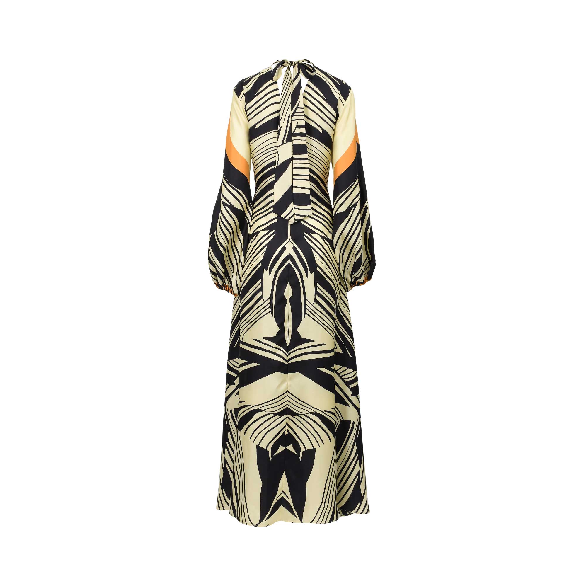 Ivory kaftan with black geometric stripes, tangerine arm accents, long gathered sleeves, and a tie-back neck.