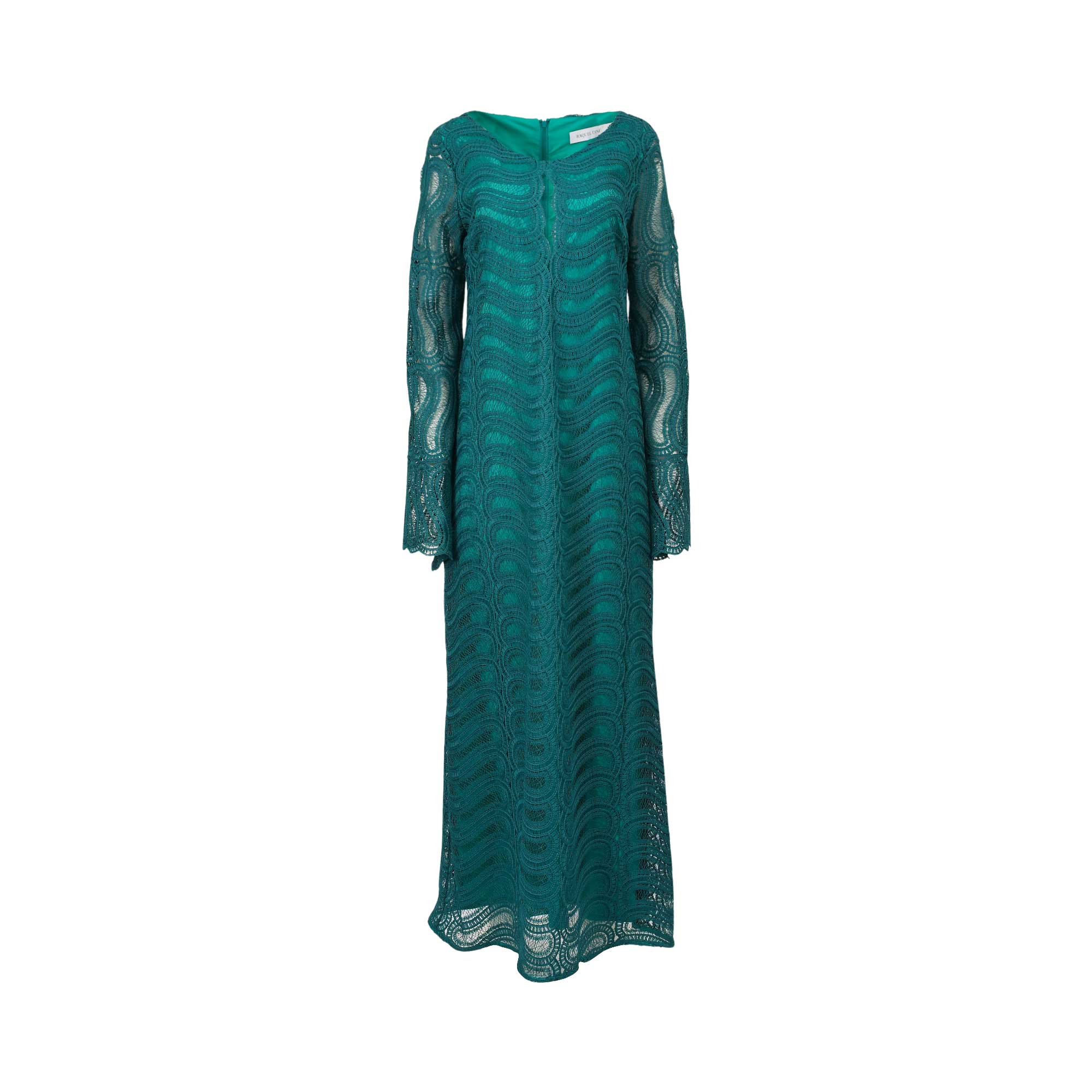 Green full-length lace dress with long sleeves, a scoop neckline, and a wavy pattern over a solid lining.