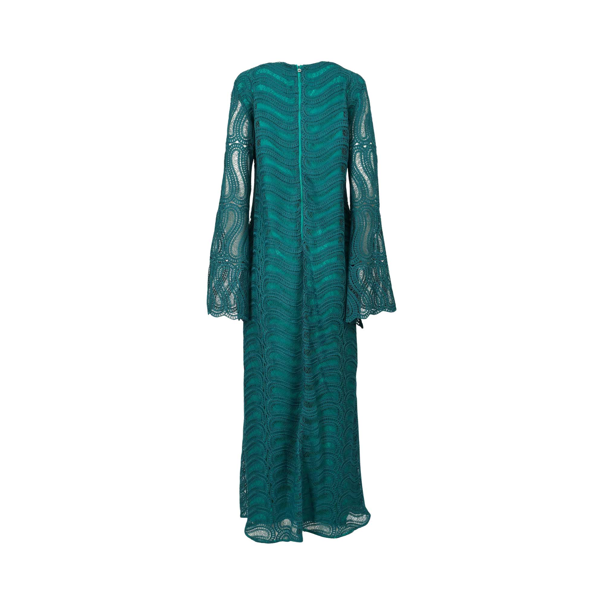 Emerald green maxi dress with long, bell-shaped lace sleeves and a wavy lace pattern throughout. Features a back zipper.