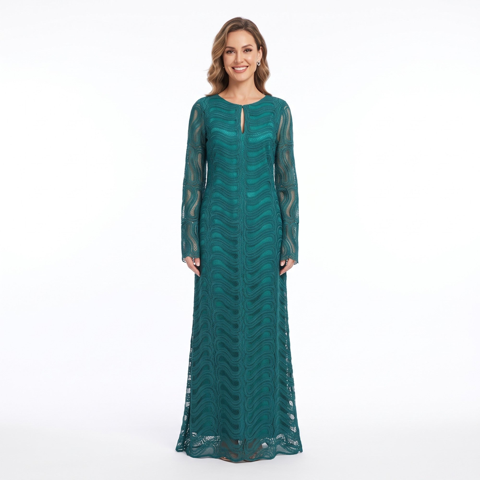 Green long-sleeve maxi dress with a wavy lace overlay and a small keyhole cutout at the round neckline.