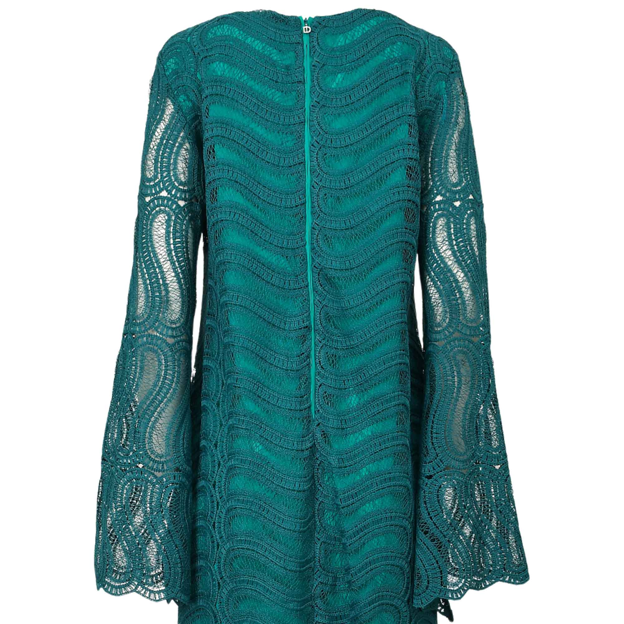 Green lace dress with long bell sleeves and a wavy pattern. Features a back zipper.