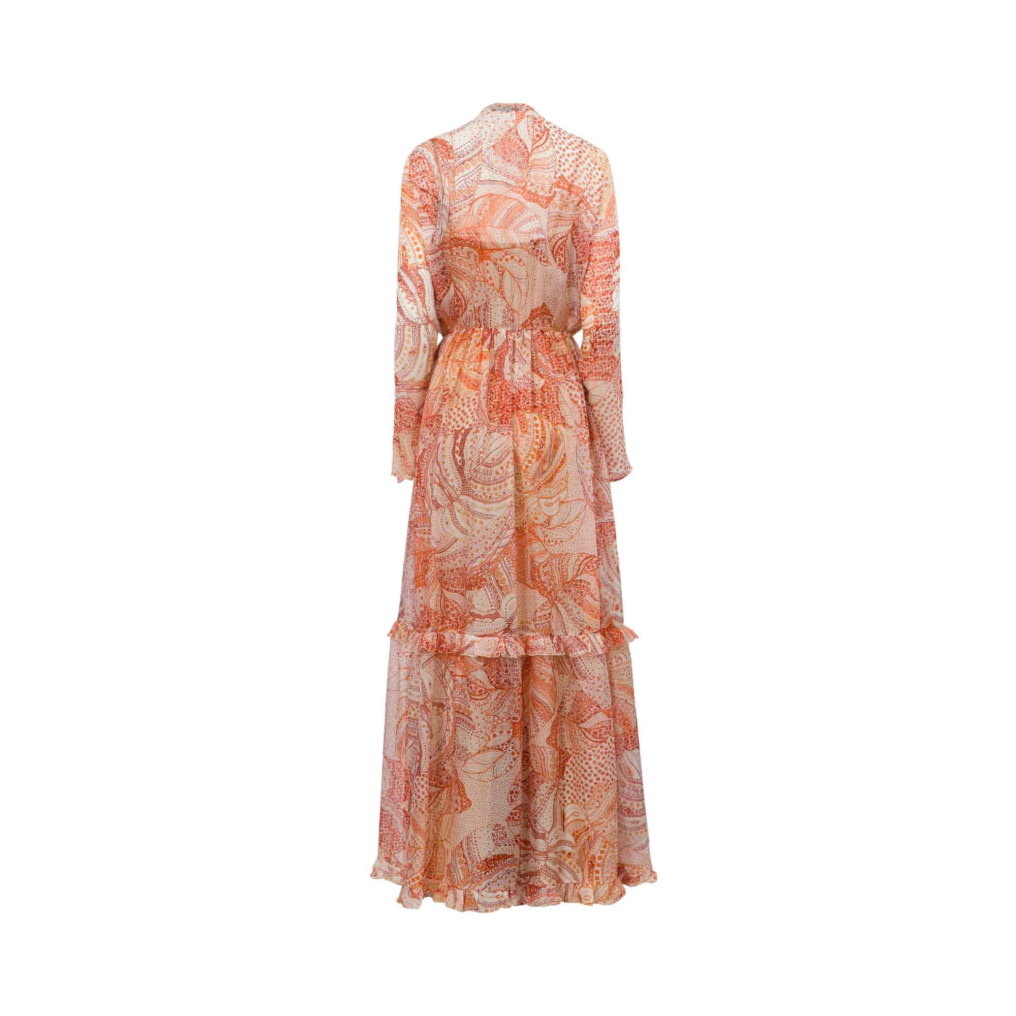 Maxi dress in multi-coral paisley print chiffon, with long sleeves, high neck, smocked waist, and tiered ruffled skirt.