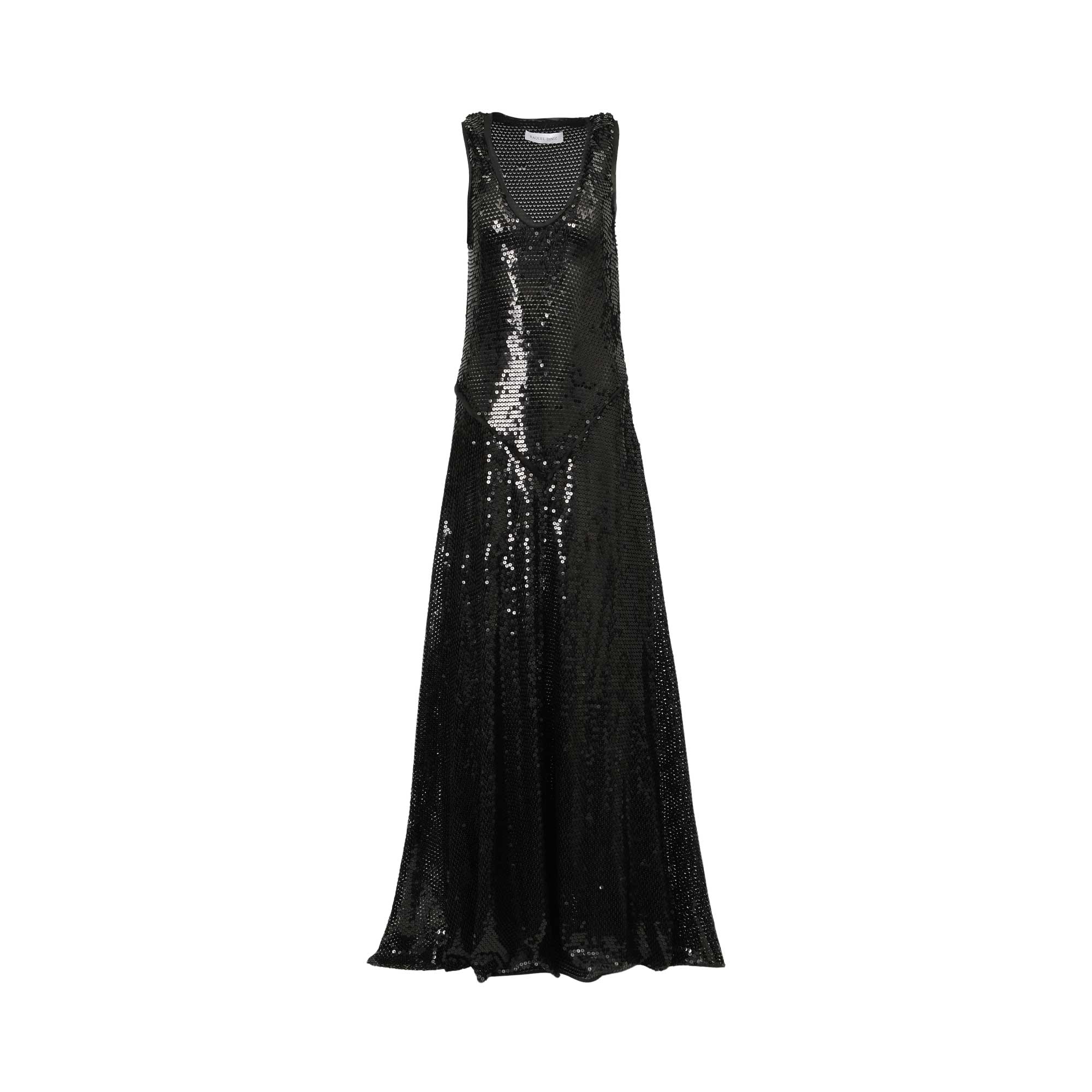 Black sequin maxi dress with a V-neckline and sleeveless design, laid flat on a white background.