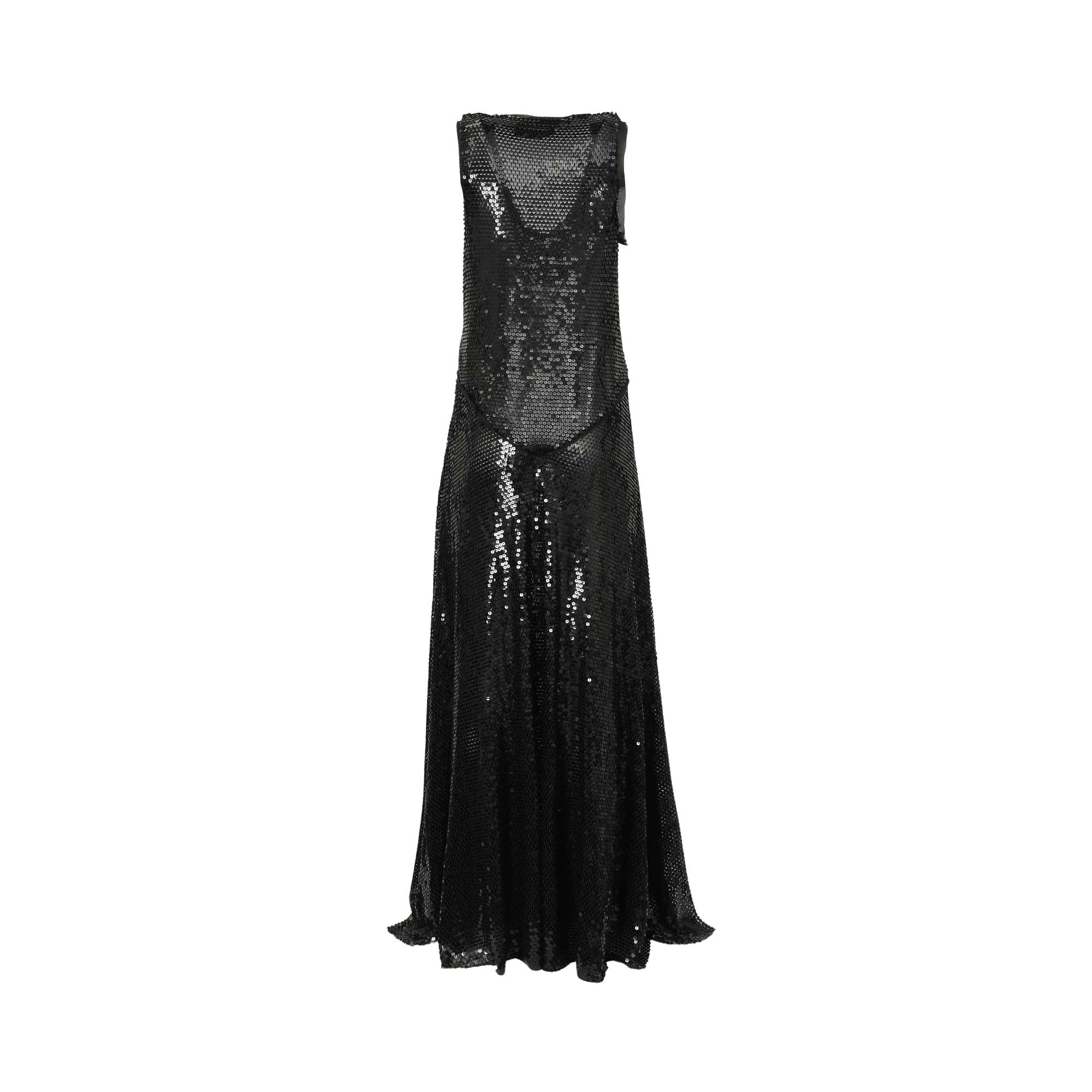 Long black sequin dress with a V-neck and sleeveless design. The shimmering material has a sheer, mesh-like texture.