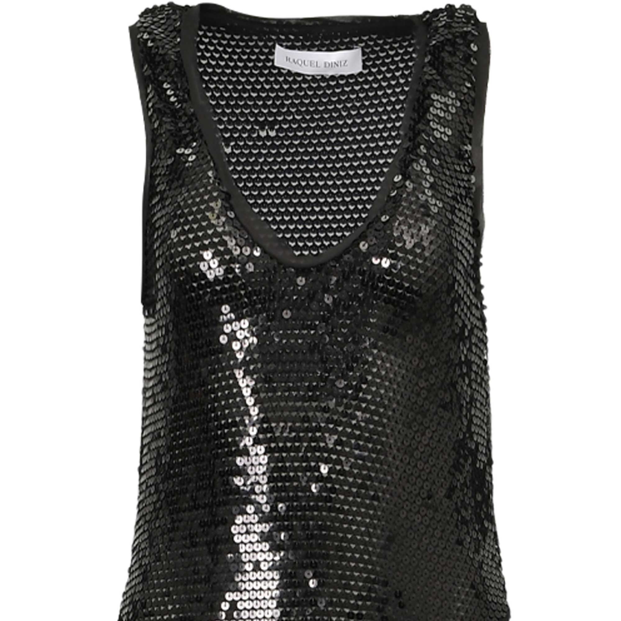 Black sleeveless sequined dress with a V-neckline. The entire visible garment is covered in small, shimmering black sequins.
