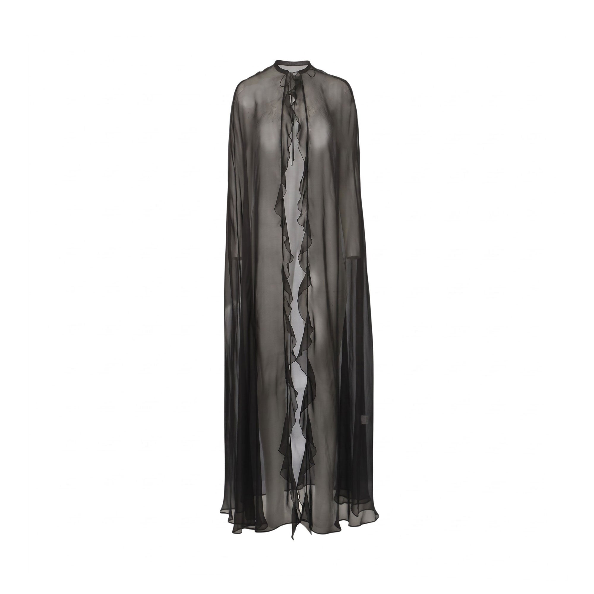 Black sheer full-length cape with a high stand collar and ruffled trim along the open front, secured with neck ties.