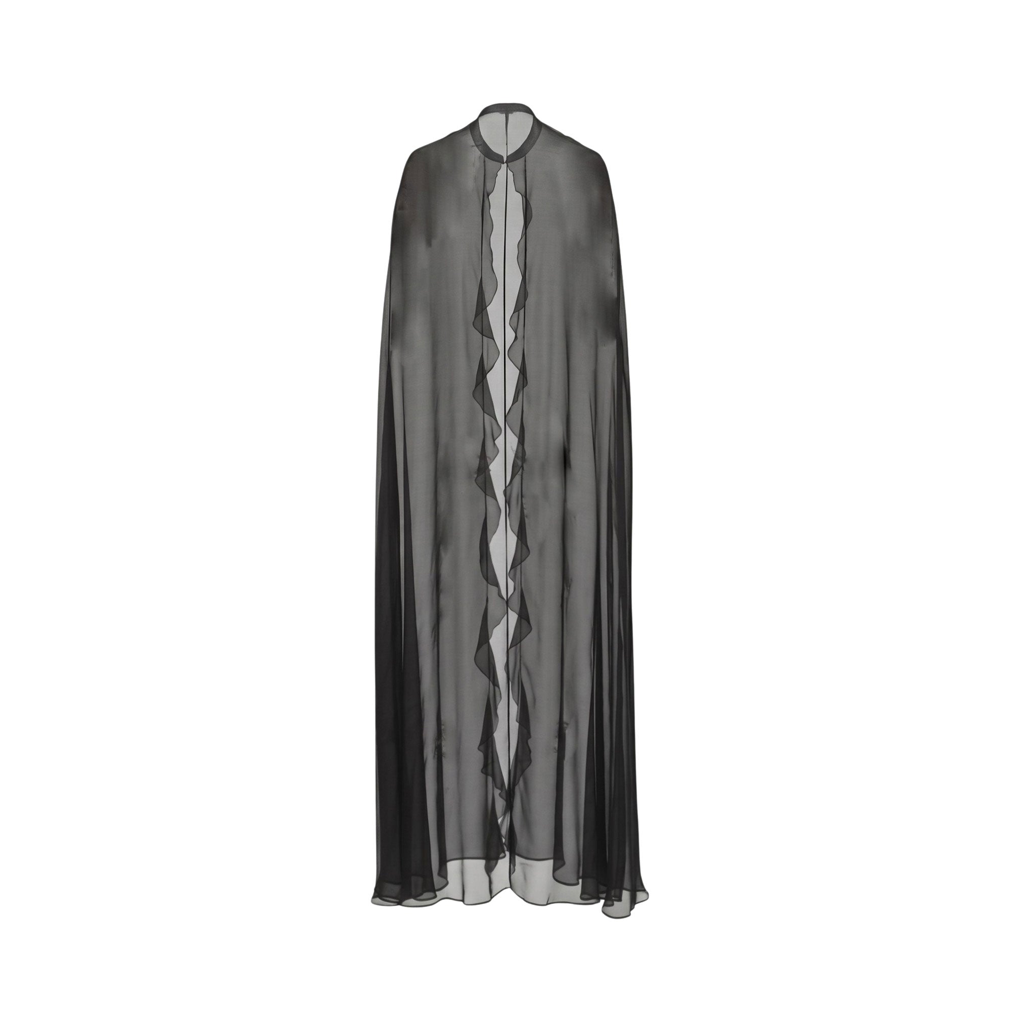 Black sheer cape with a high round neckline and wavy ruffles down the open front.