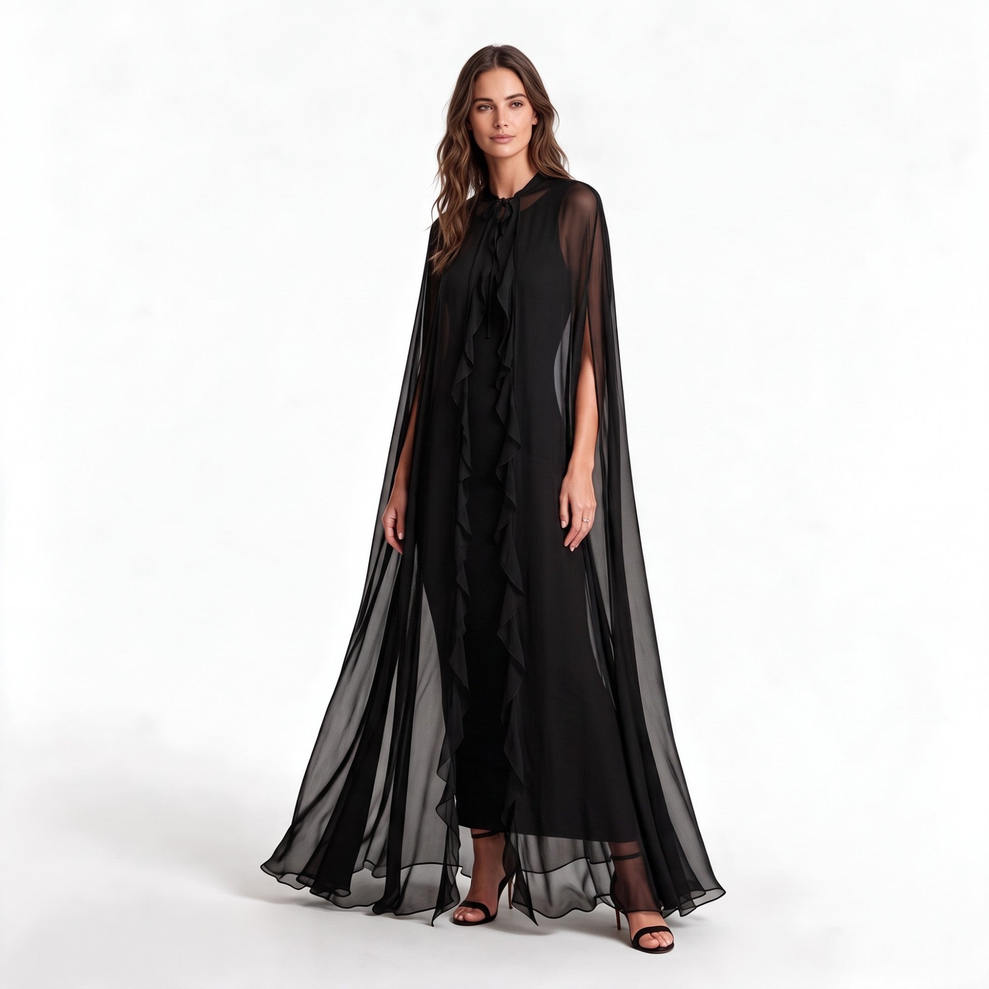 Black sheer floor-length cape with a high tie-neck and ruffled trim down the front opening.
