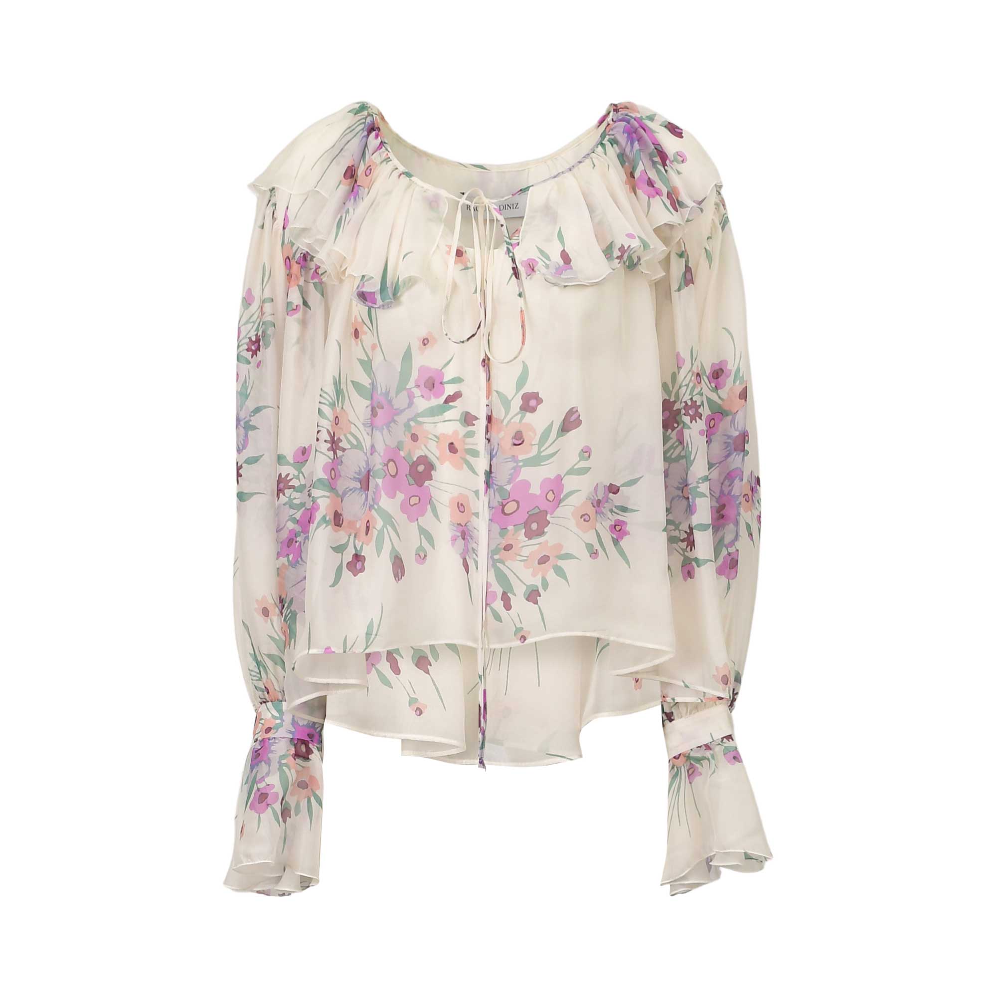 Off-white sheer blouse with lilac and pink floral pattern, featuring a ruffled neckline, tie detail, and flared cuffs.
