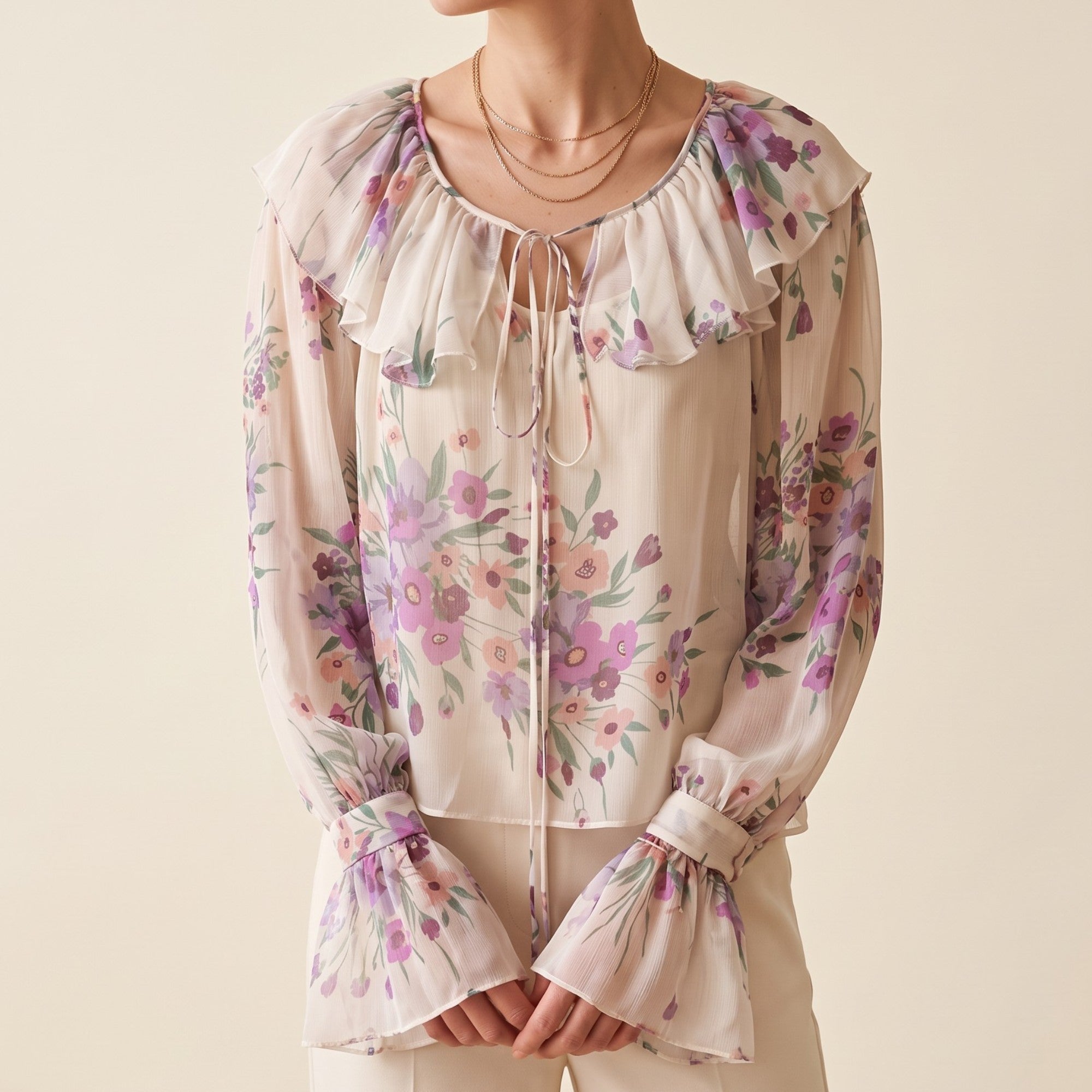 Sheer cream blouse with lilac and purple floral print, ruffled round neckline with ties, and long sleeves with wide ruffled c