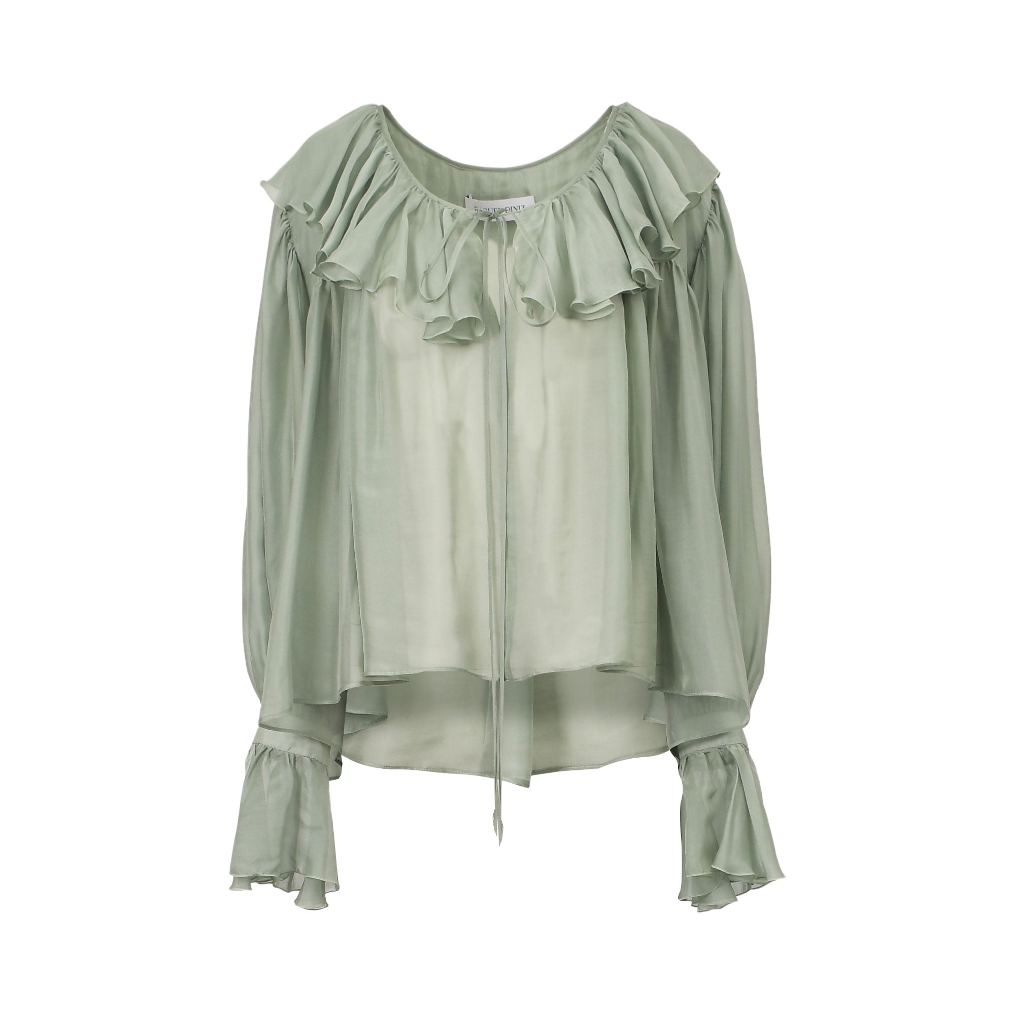 Sage green relaxed-fit blouse with a ruffled scoop neck, tie-front detail, and long sleeves with ruffled cuffs.