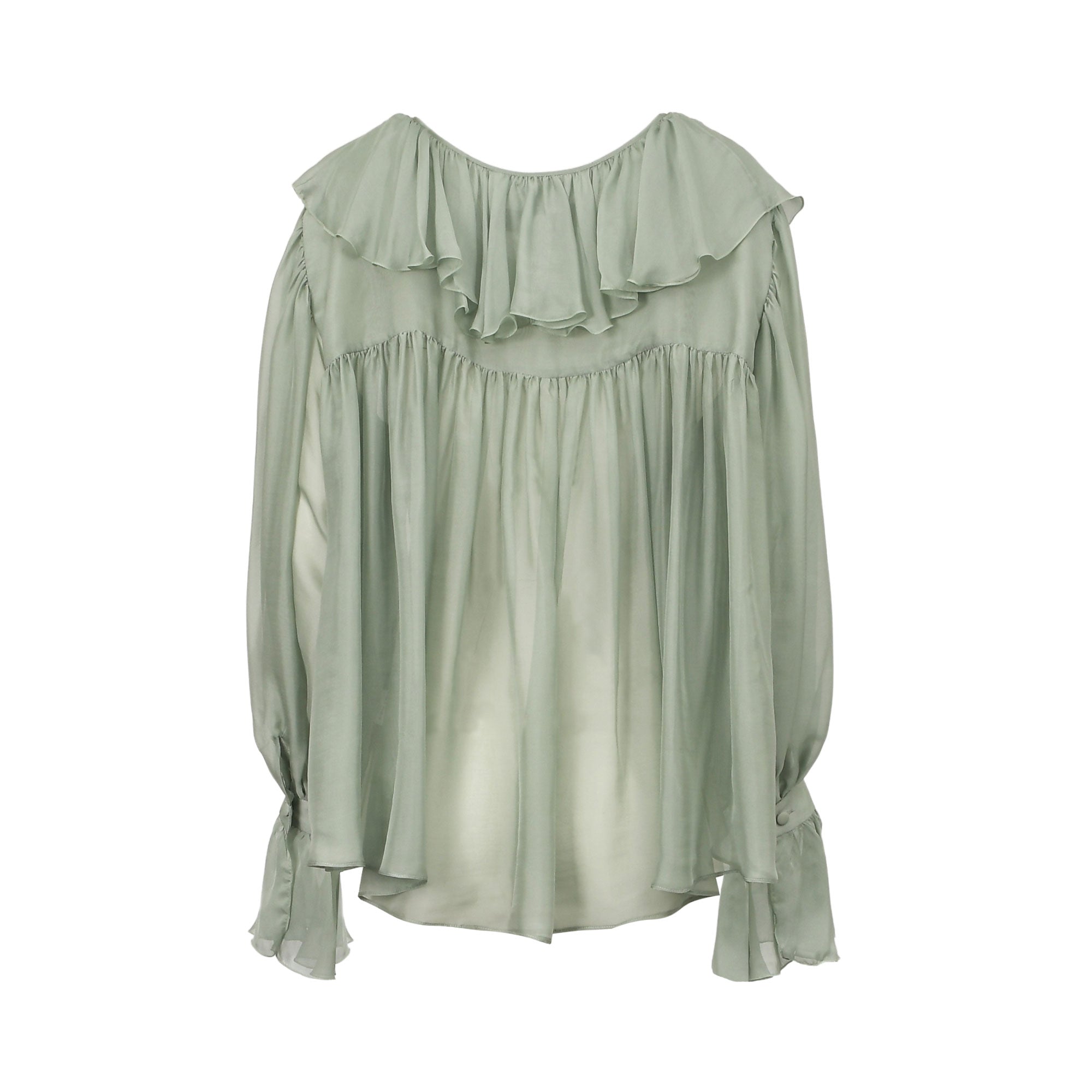 Sage green sheer blouse with a ruffled neckline, gathered bodice, and long voluminous sleeves with tie cuffs.