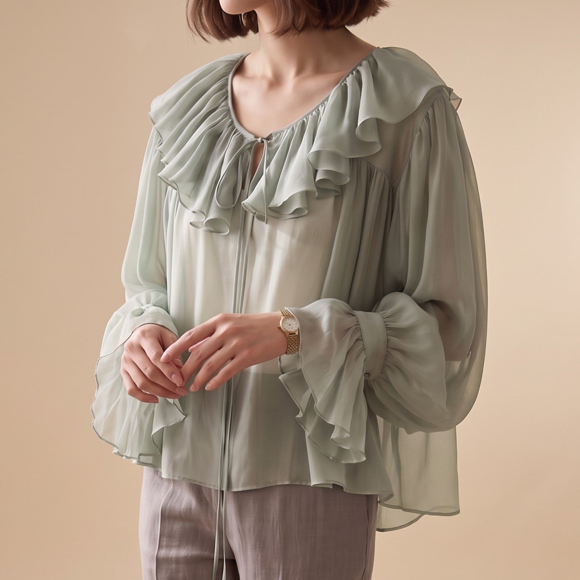 Sage green sheer blouse with a ruffled round neckline, tie-front keyhole, and voluminous long sleeves with wide ruffled cuffs