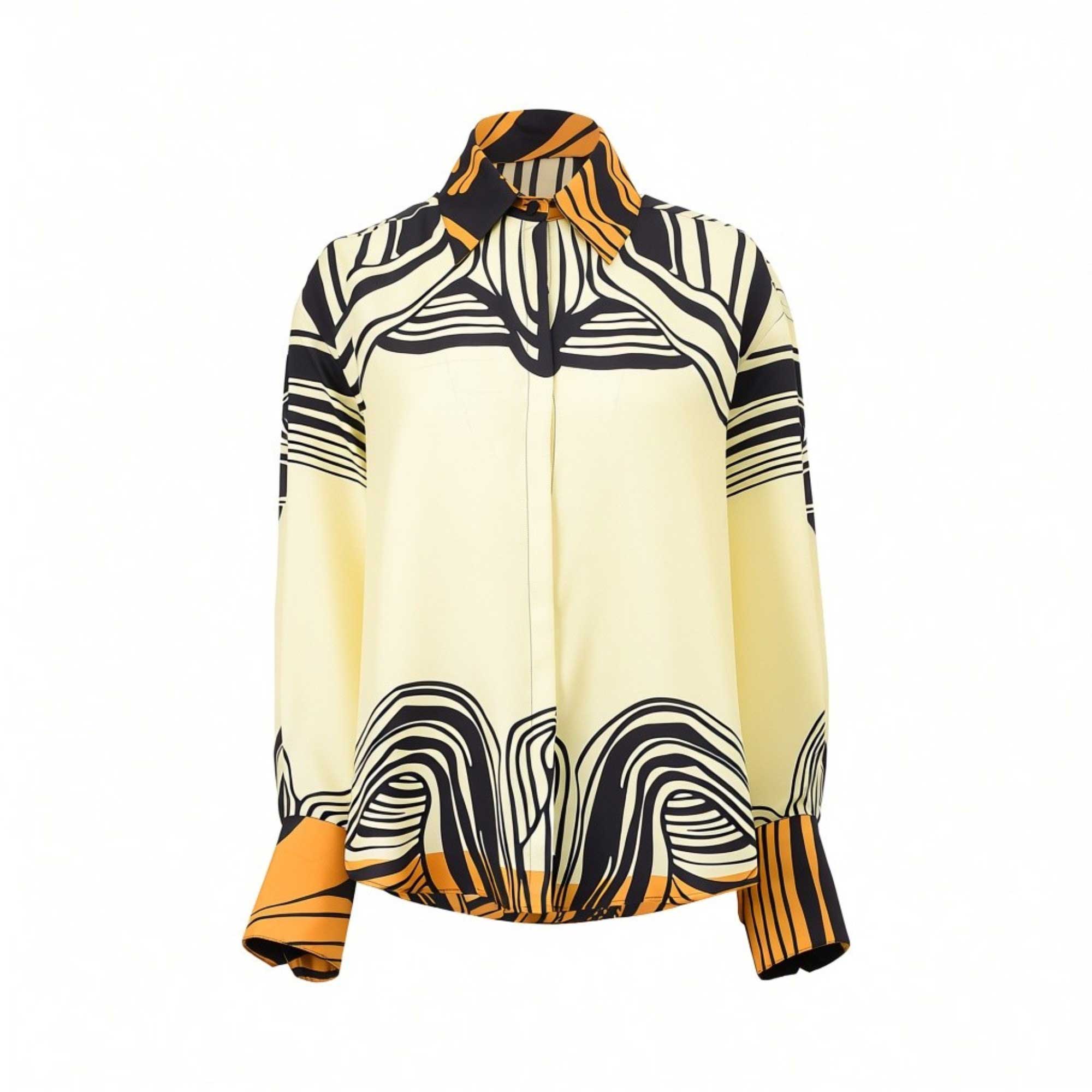 Ivory, black, and tangerine abstract pattern long-sleeved shirt with a pointed collar and wide cuffs.