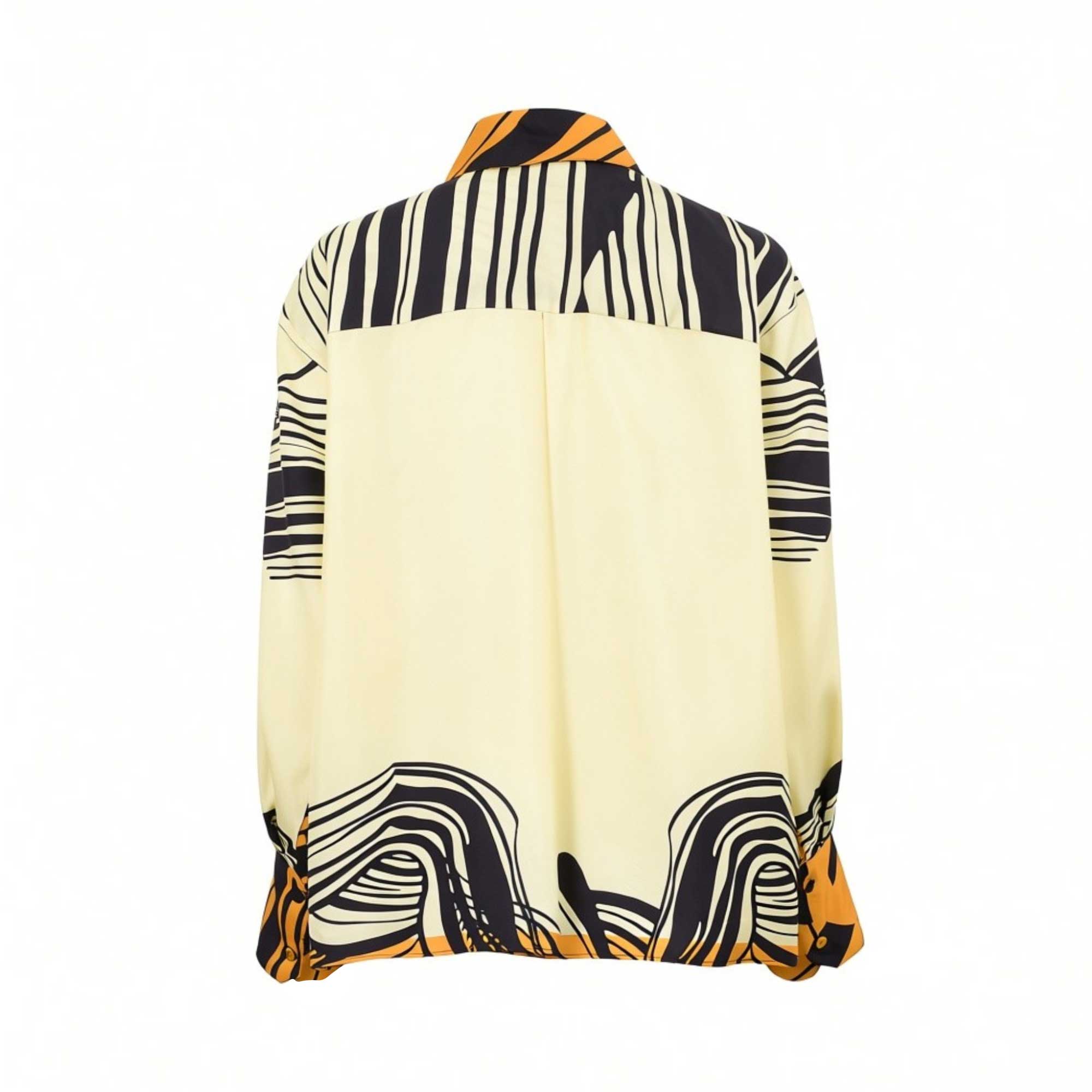 Ivory long-sleeve shirt with black and tangerine abstract stripes on the collar, upper back, sleeves, and bottom hem.