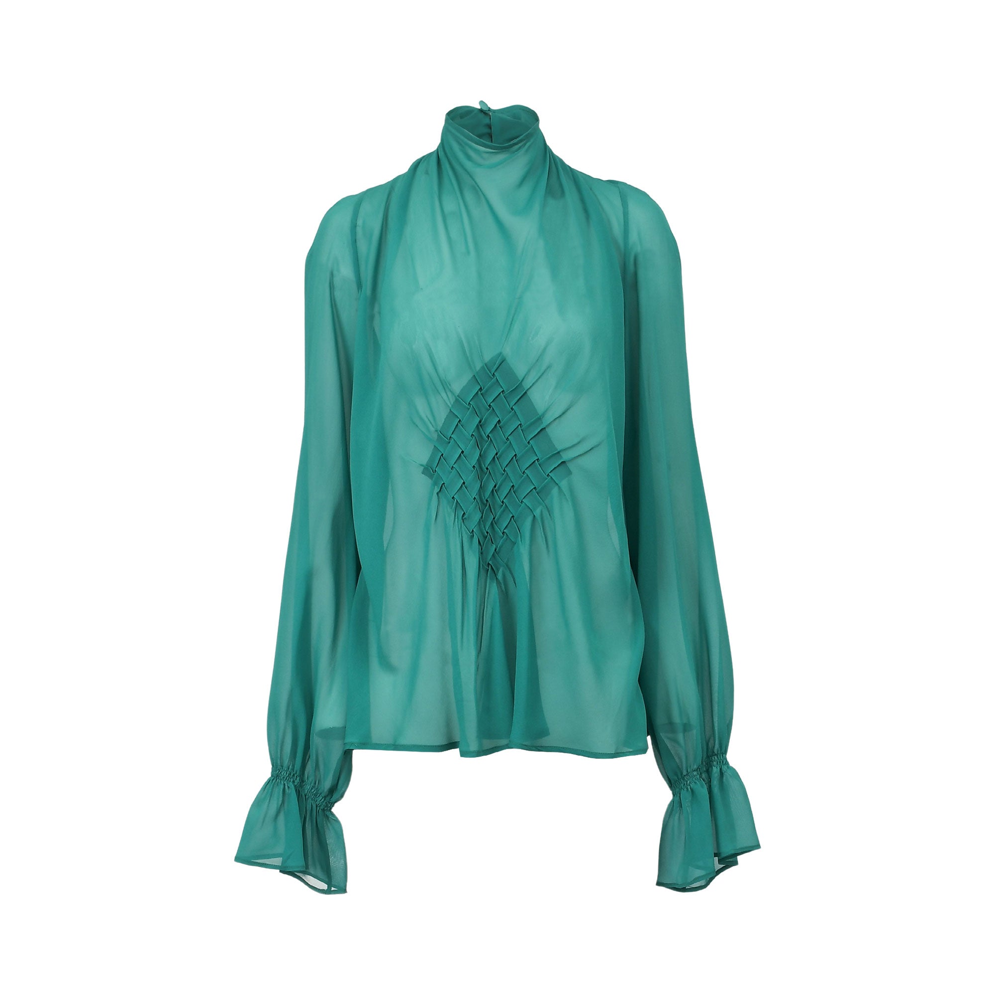 Green sheer high neck blouse with long sleeves, pleated diamond detail on the front, and ruffled cuffs.