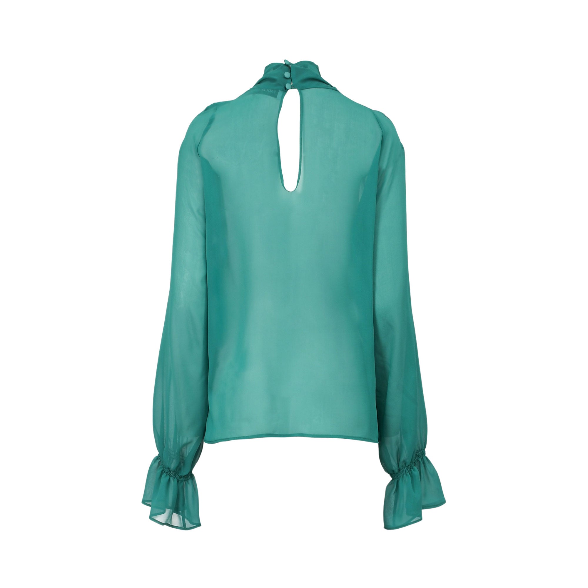 Sheer green long-sleeve top with a high neck, keyhole back, and ruffled cuffs.