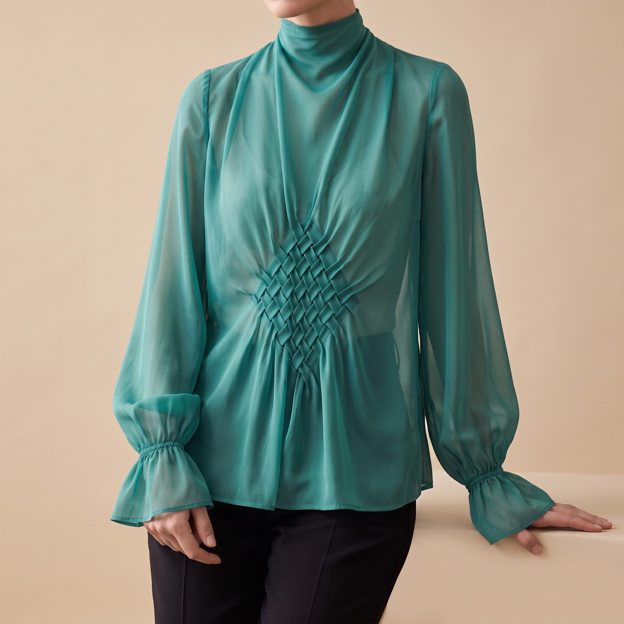 Teal sheer blouse with a high draped neck, woven pleating on the front bodice, and long sleeves with ruffled elastic cuffs.