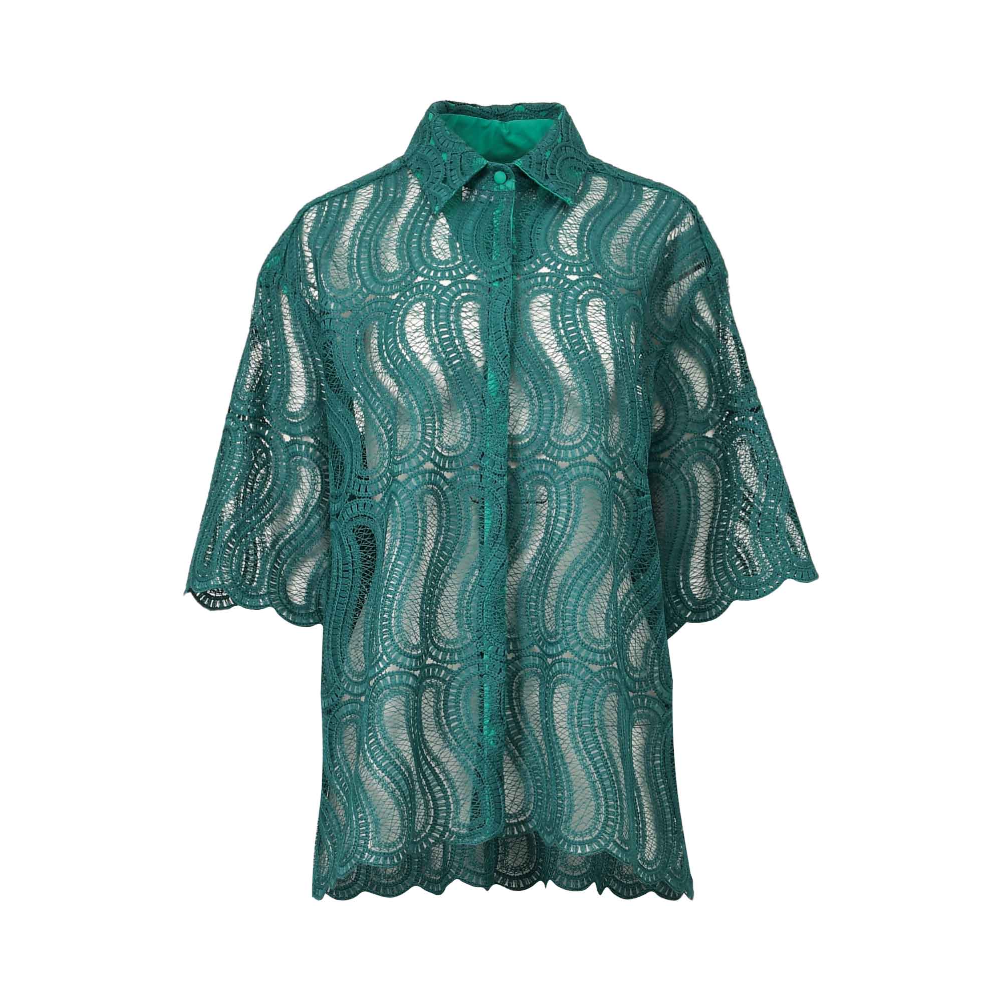 Green lace collared shirt with three-quarter sleeves, front button fastening, and scalloped edges on sleeves and hem.