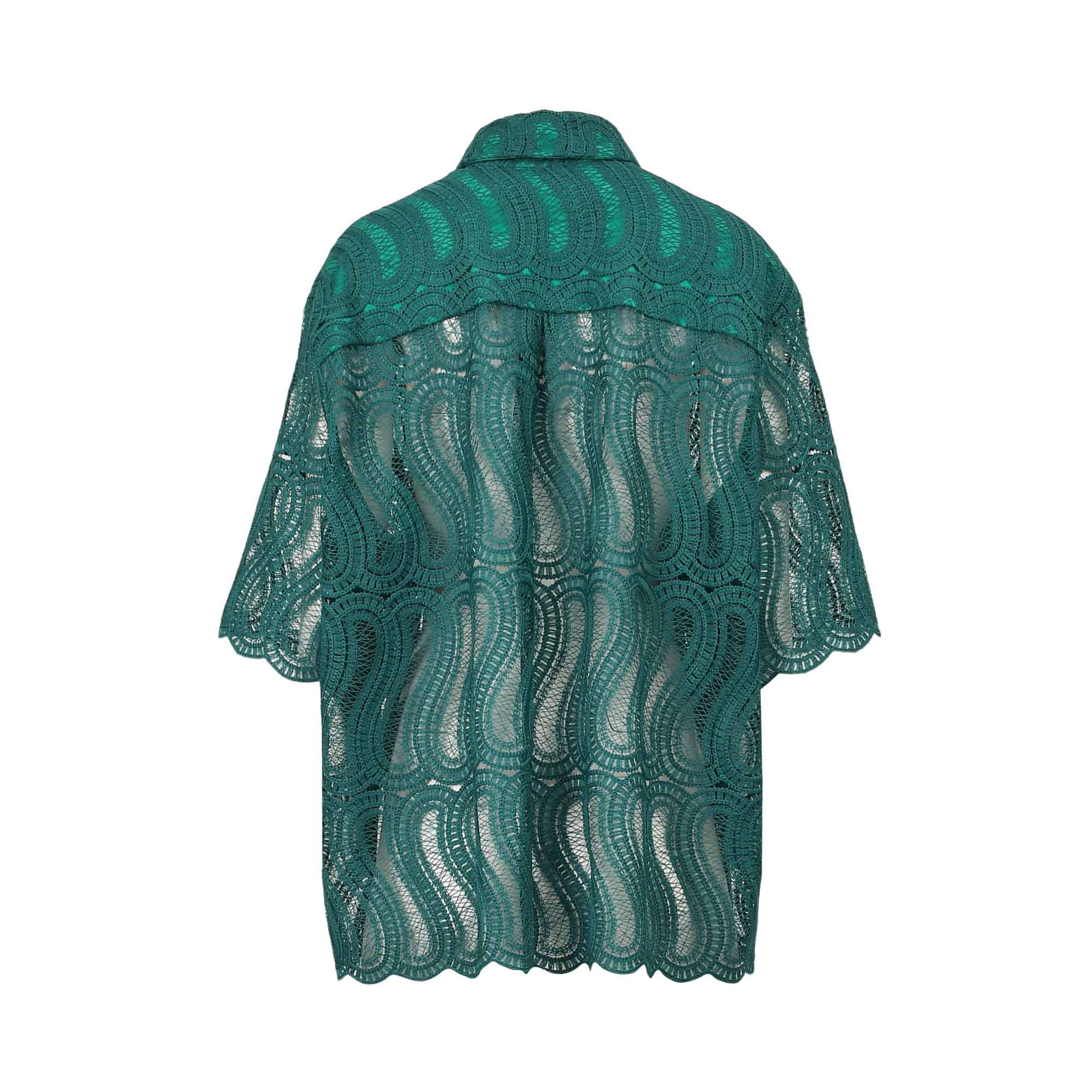 Green short-sleeve shirt with a collar, featuring an intricate wavy lace pattern and scalloped hems.