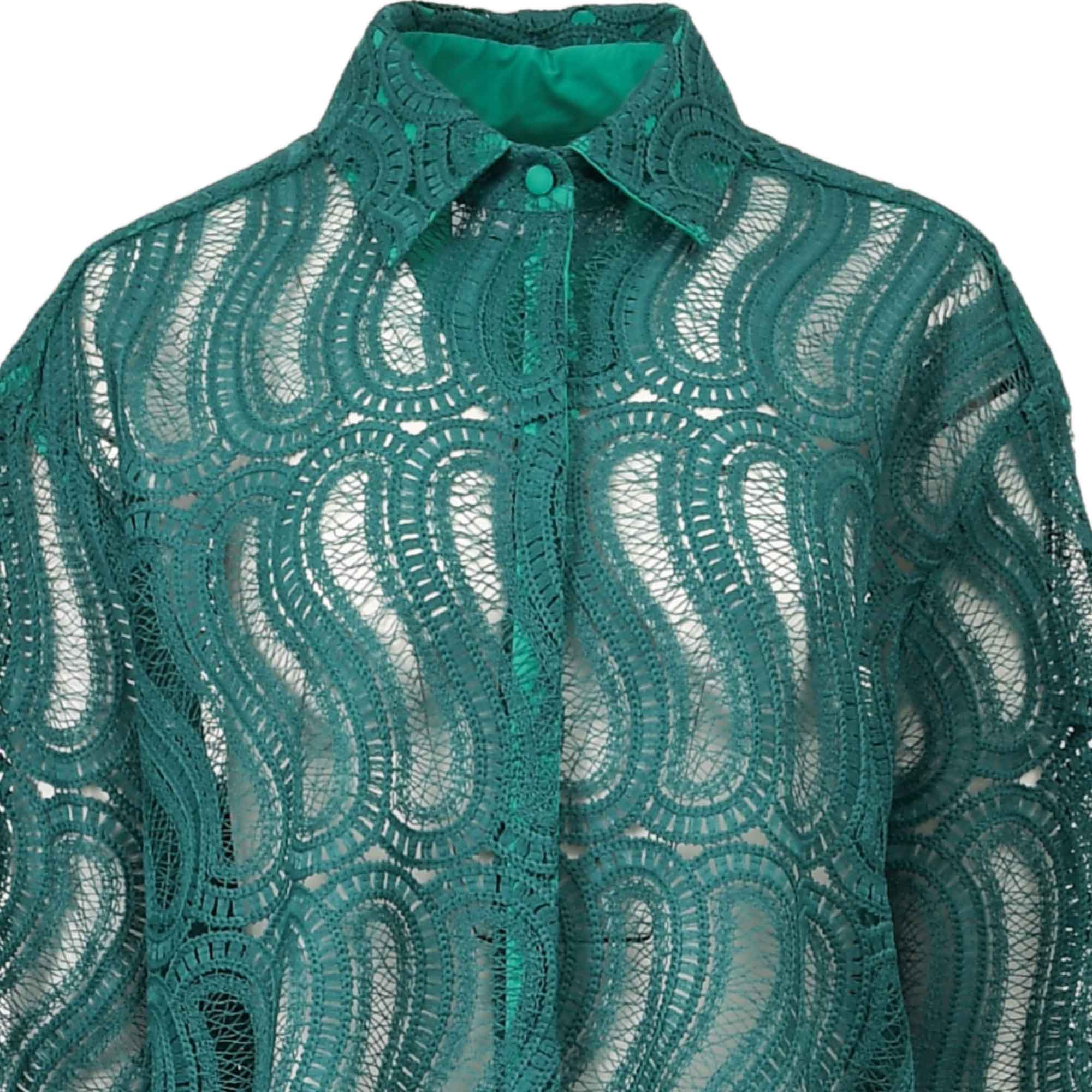 Green sheer lace button-up shirt with a pointed collar and an intricate wavy pattern.