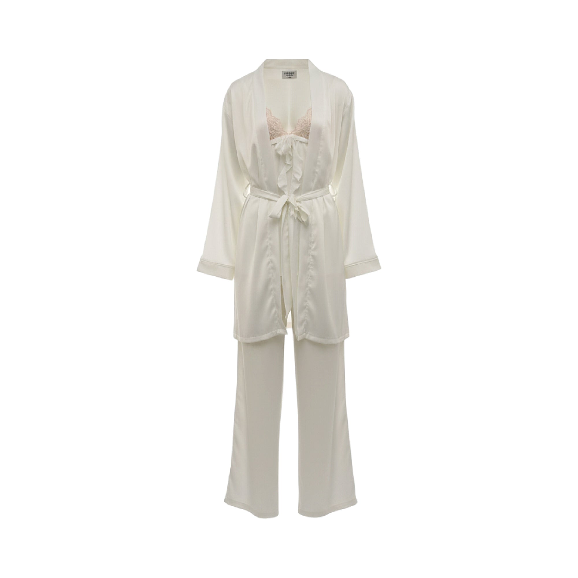 Beige satin 3-piece pajama set with a robe, embroidered camisole, and wide-leg trousers.