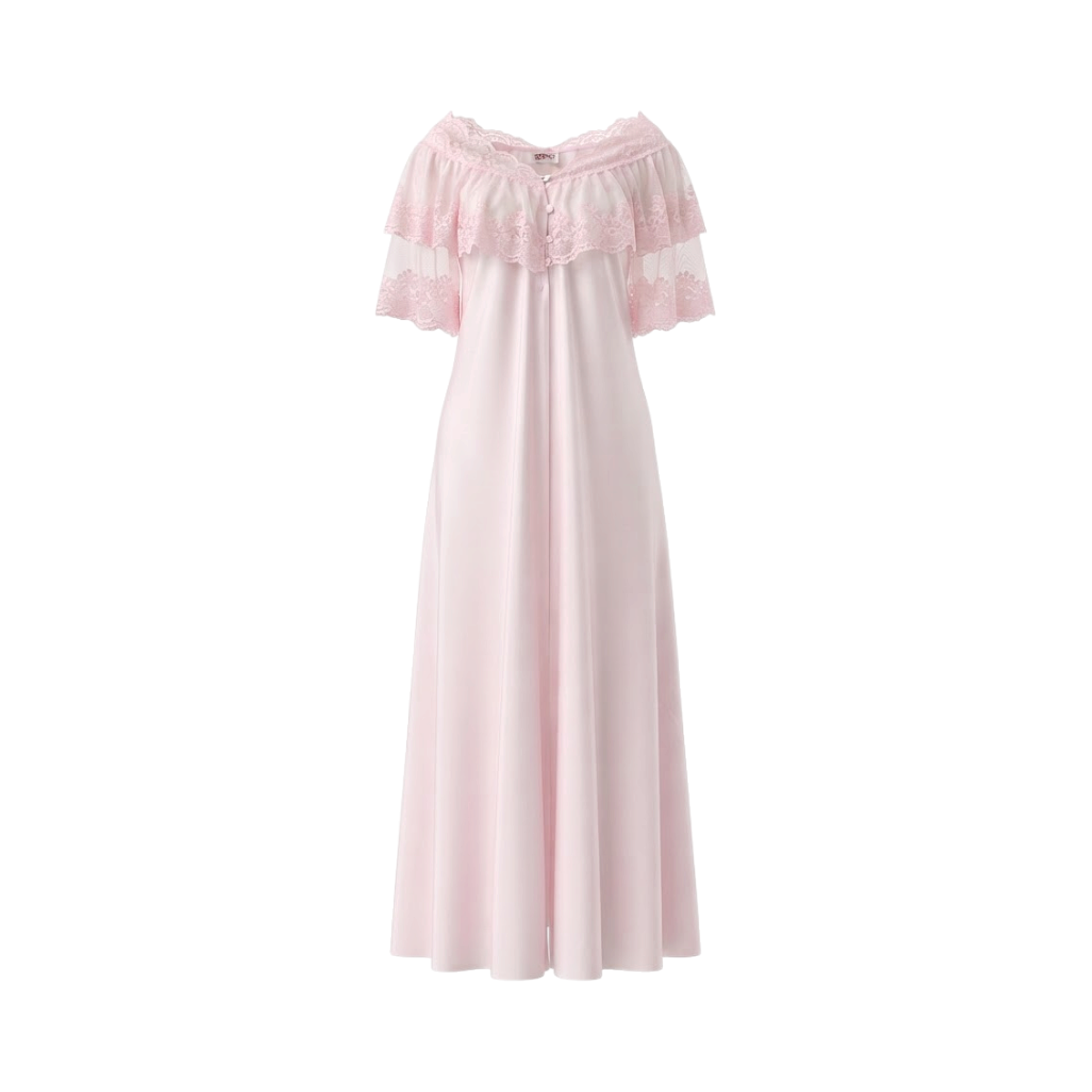 Pink long cotton nightdress with a V-neck, ruffled lace overlay, short flutter sleeves, and a front button placket.