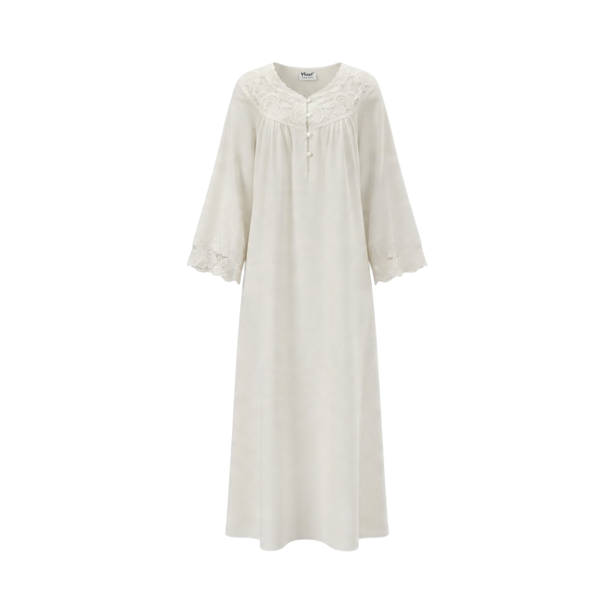 Long peach cotton nightdress with three-quarter sleeves, V-neck, and white floral embroidery on the yoke and cuffs.