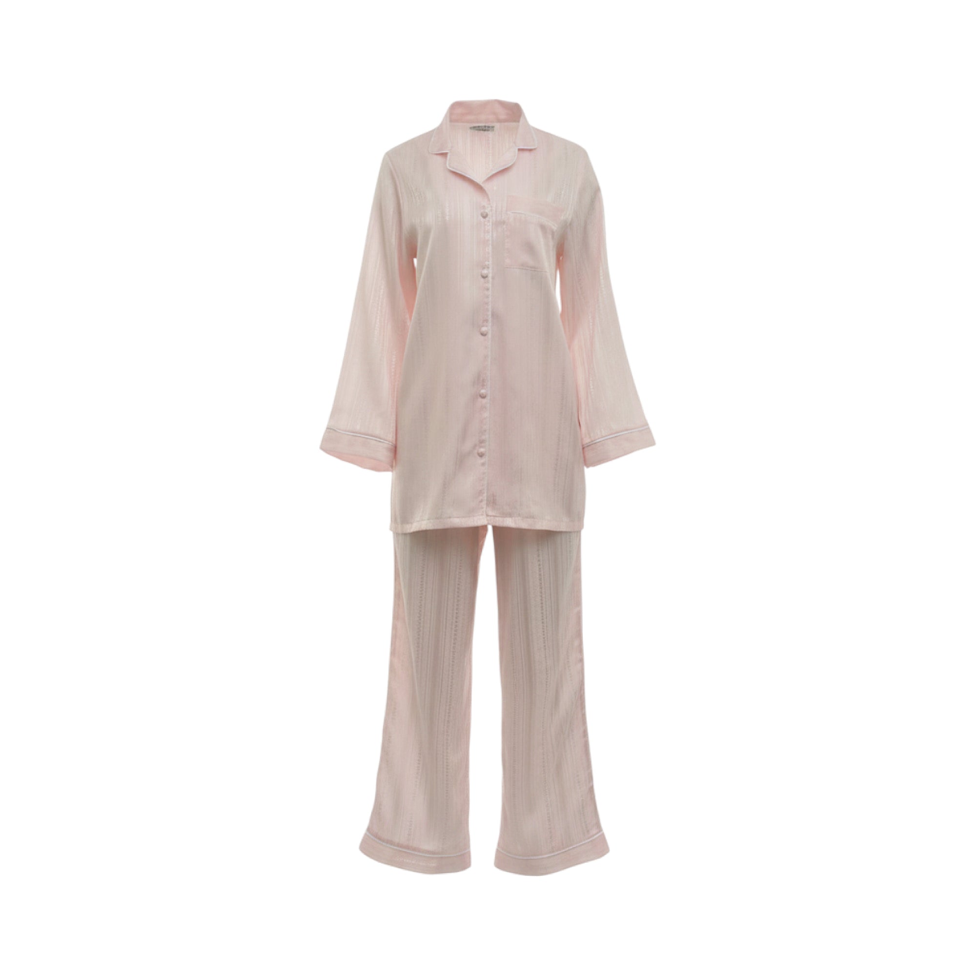 Pink jacquard pajama set. Button-down top with collar, chest pocket. Both top and matching pants feature white piping.
