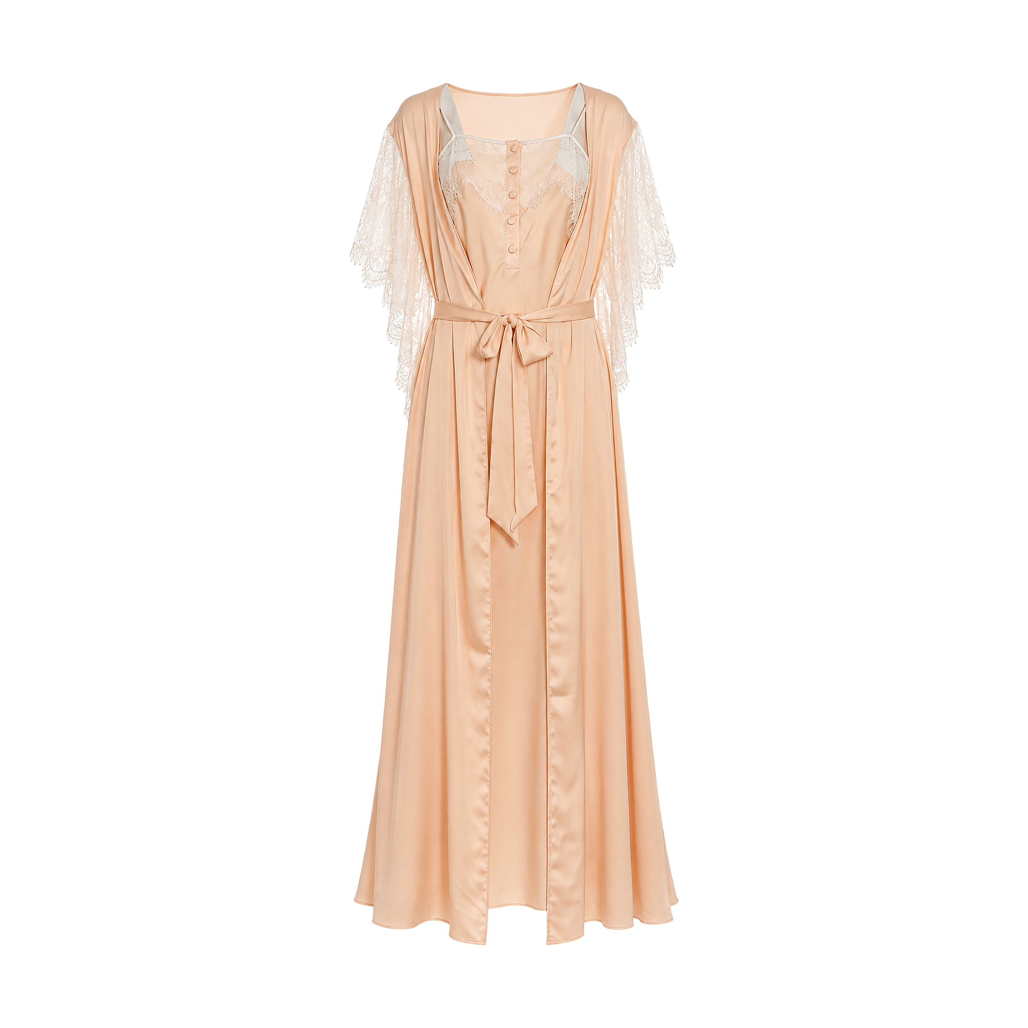 Light peach long satin two-piece lingerie set with a tie-waist robe and an inner garment featuring white eyelash lace trim.