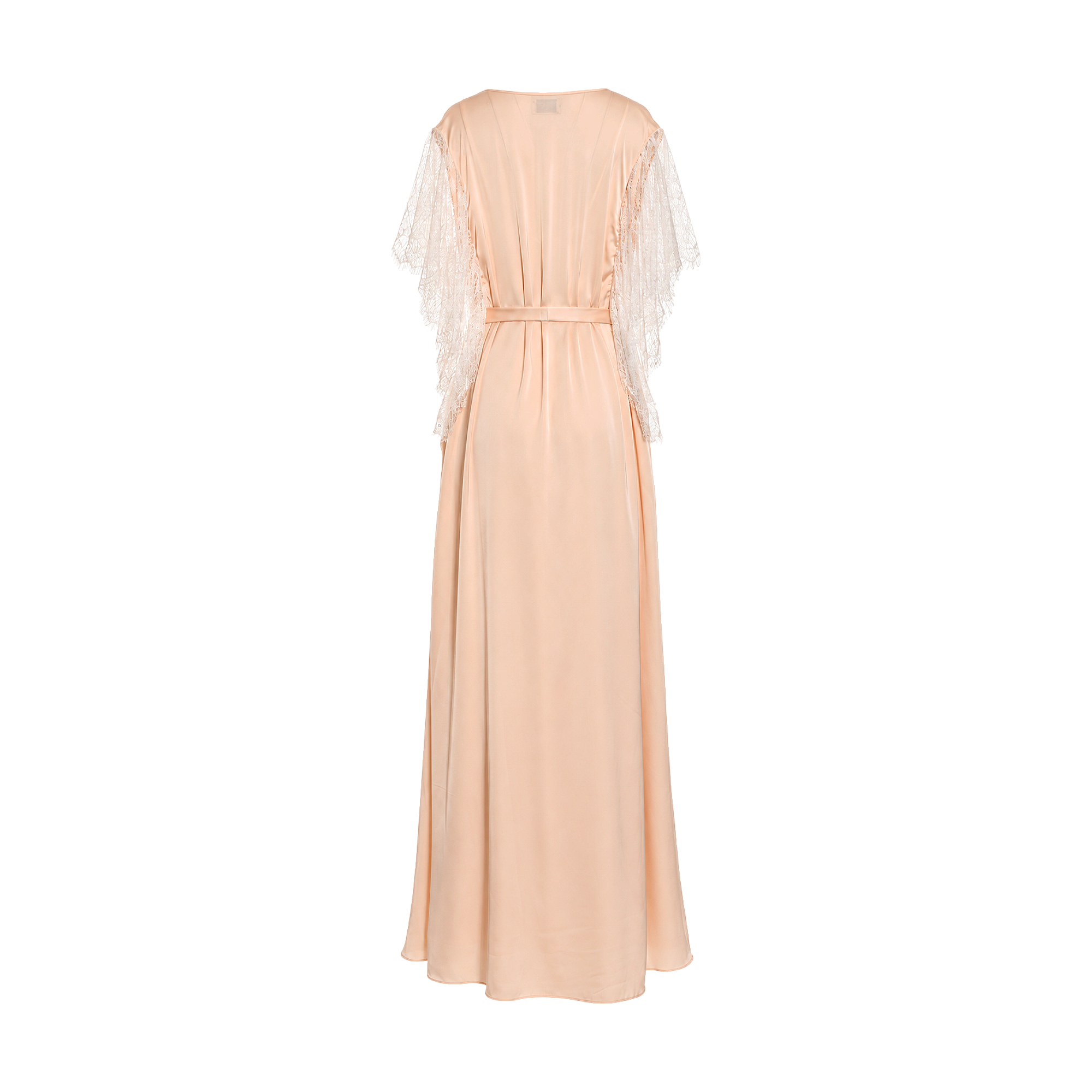Long peach satin robe with wide sleeves featuring white eyelash lace trim and a matching self-tie belt at the waist.