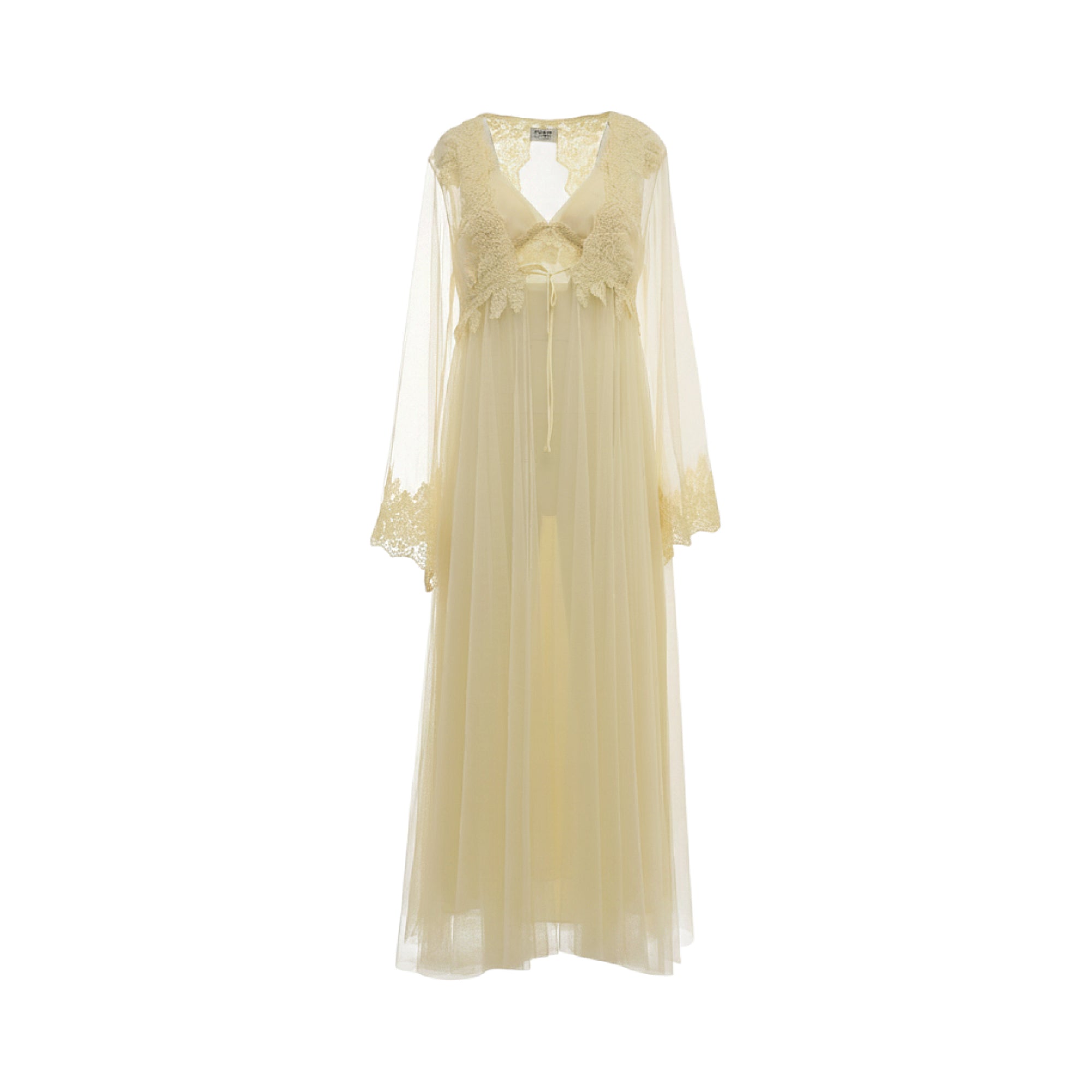 Ivory long two-piece lingerie set with sheer tulle robe, satin details, and intricate lace embroidery on V-neck and cuffs.