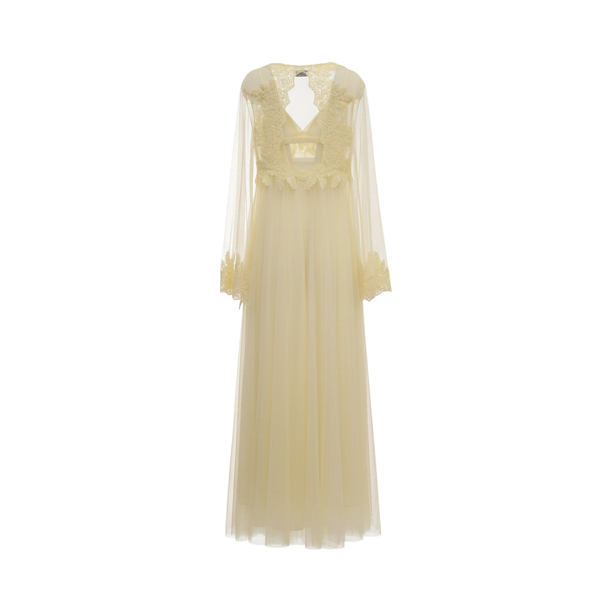 Ivory long tulle gown with sheer long sleeves, V-neck, and back cutout, all trimmed with intricate floral embroidery.