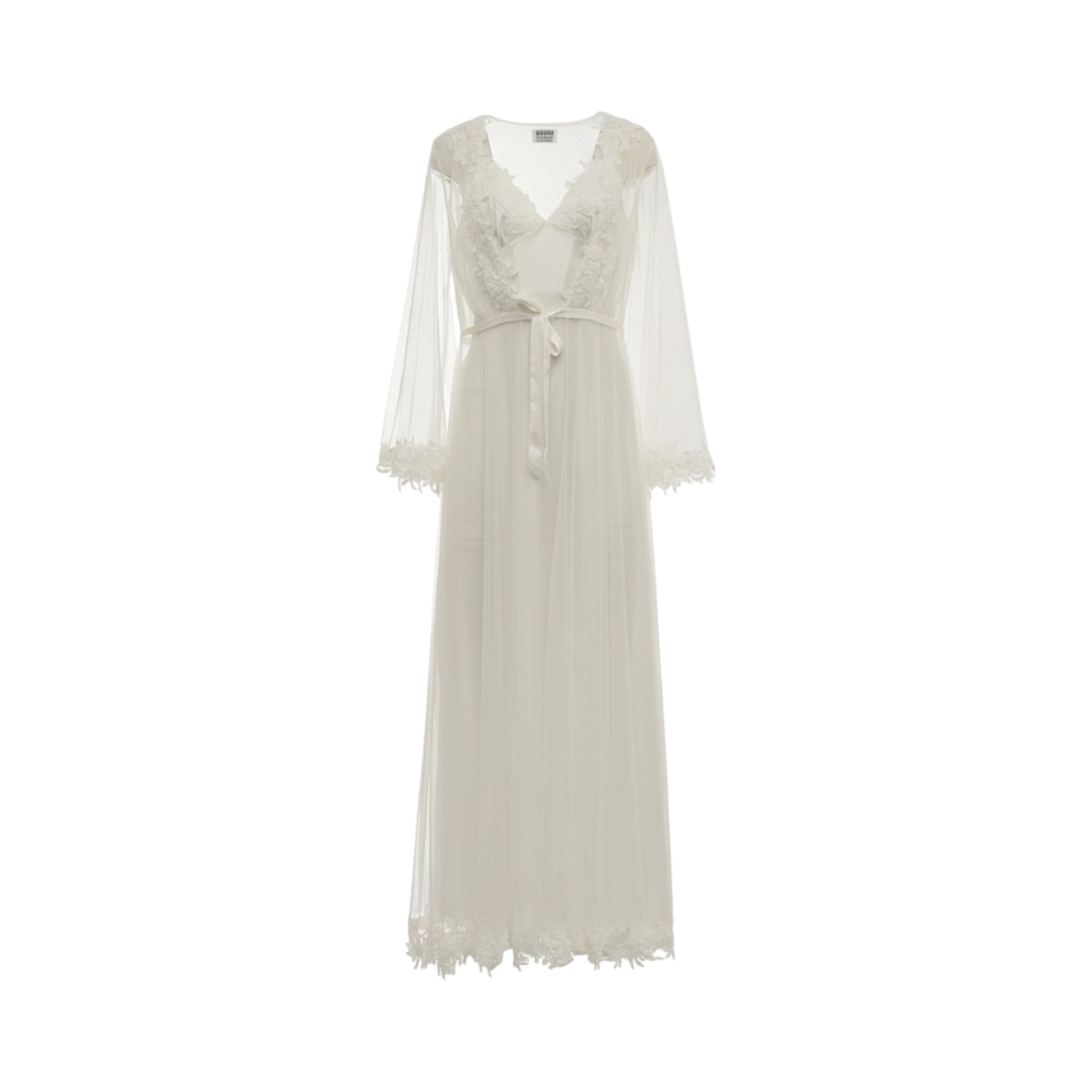 Ivory long set: sheer tulle robe with V-neck, long sleeves, satin tie, and lace trim. Includes a satin V-neck slip.