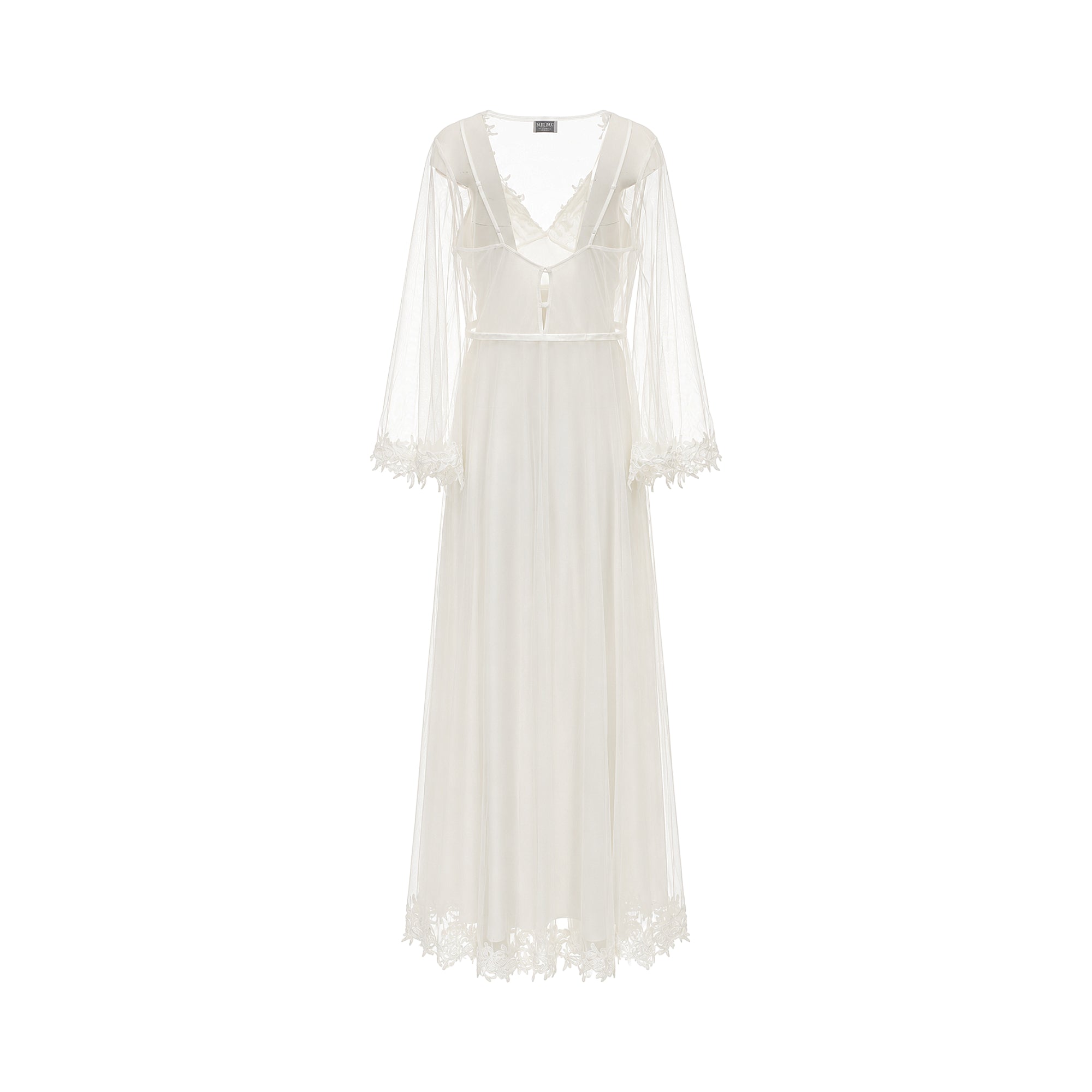 Ivory long set: sheer tulle robe with V-neck, satin waist tie, embroidered cuffs and hem. Satin slip dress underneath.