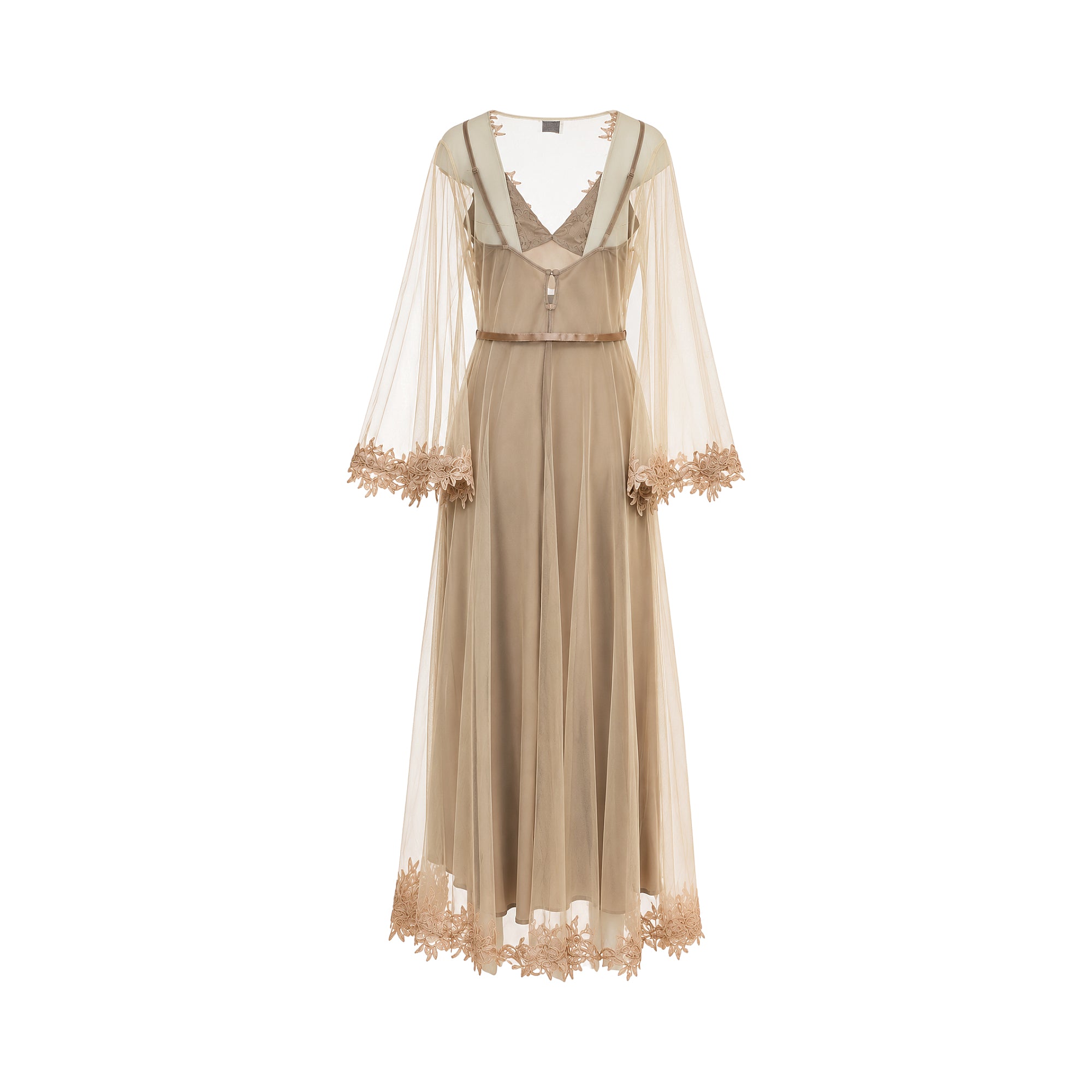 Long beige satin slip dress with sheer tulle robe. Robe features wide sleeves, V-neck, satin belt, and floral embroidery on c