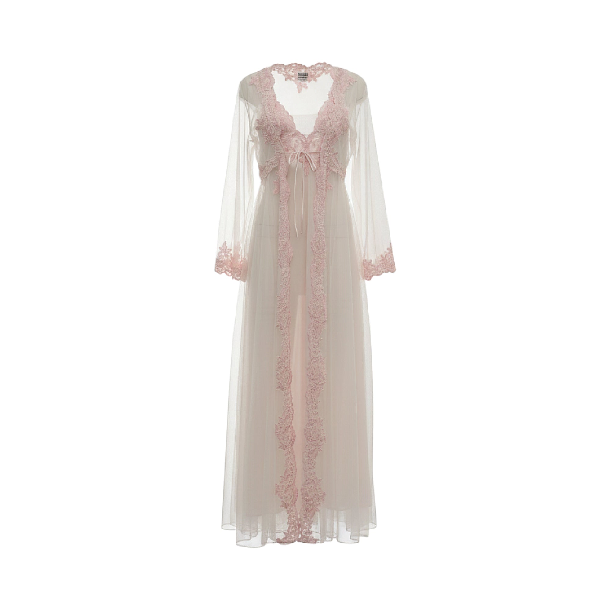 Ivory chiffon and tulle long two-piece lingerie set with pink floral embroidery and tie-front robe.