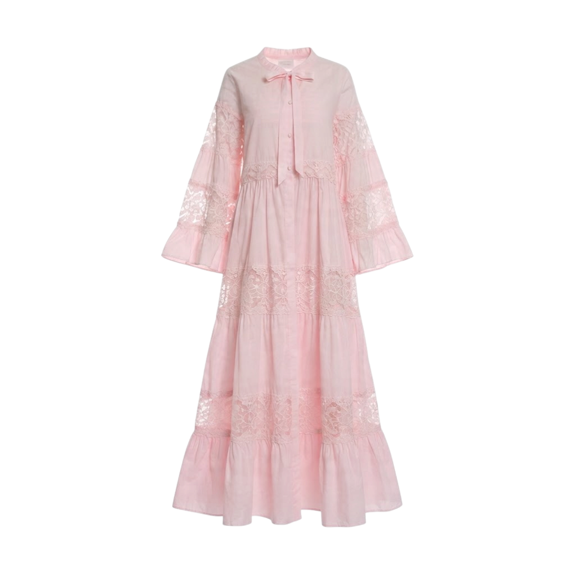 Pink long tiered dress with collared neckline, bell sleeves, and intricate lace and embroidery inserts.