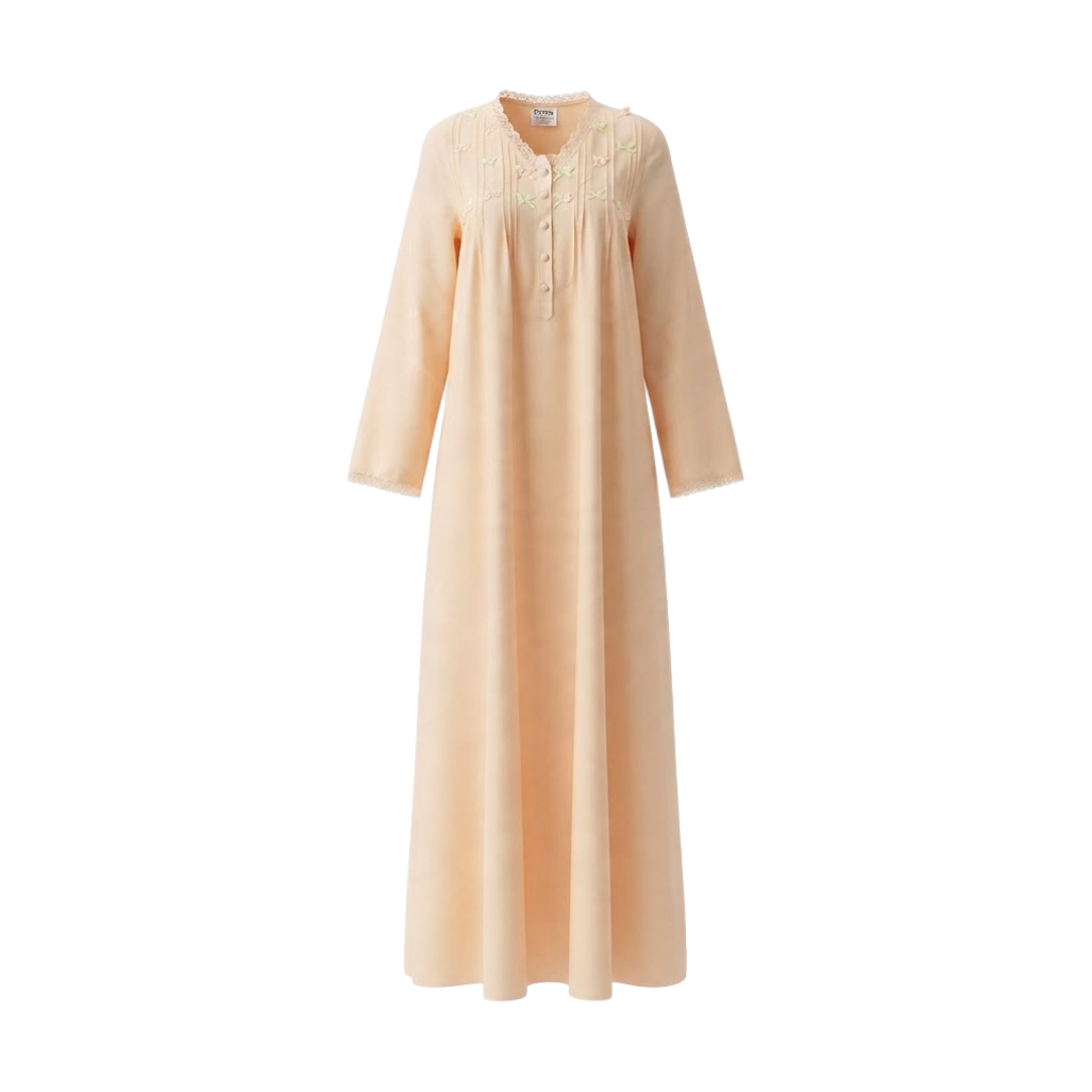 Beige cotton long abaya with a partial button placket, light green floral embroidery on the bodice, and lace trim at the neck