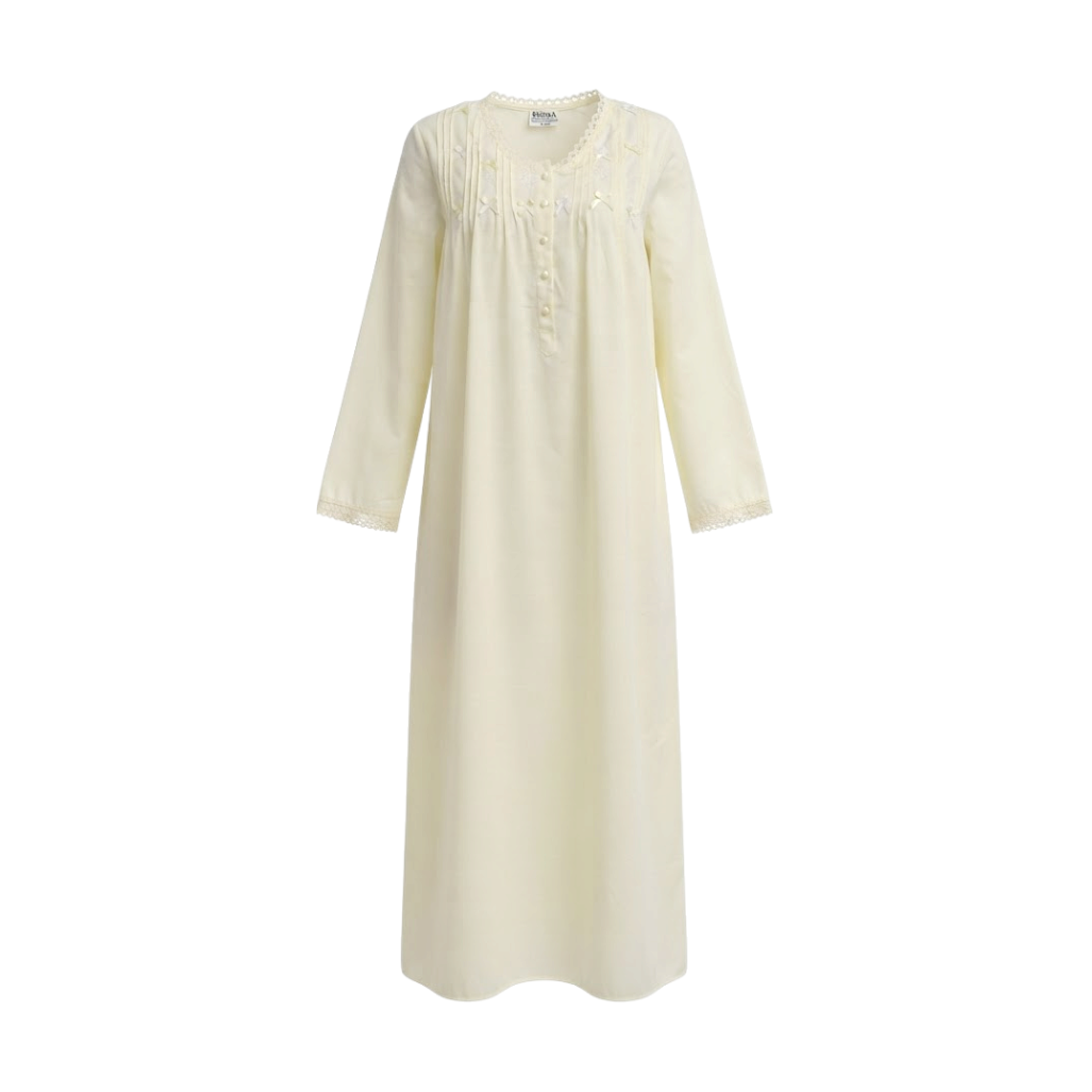 Long cream cotton nightgown with lace-trimmed round neckline, pleated bodice with small bows, button placket, and lace-cuffed