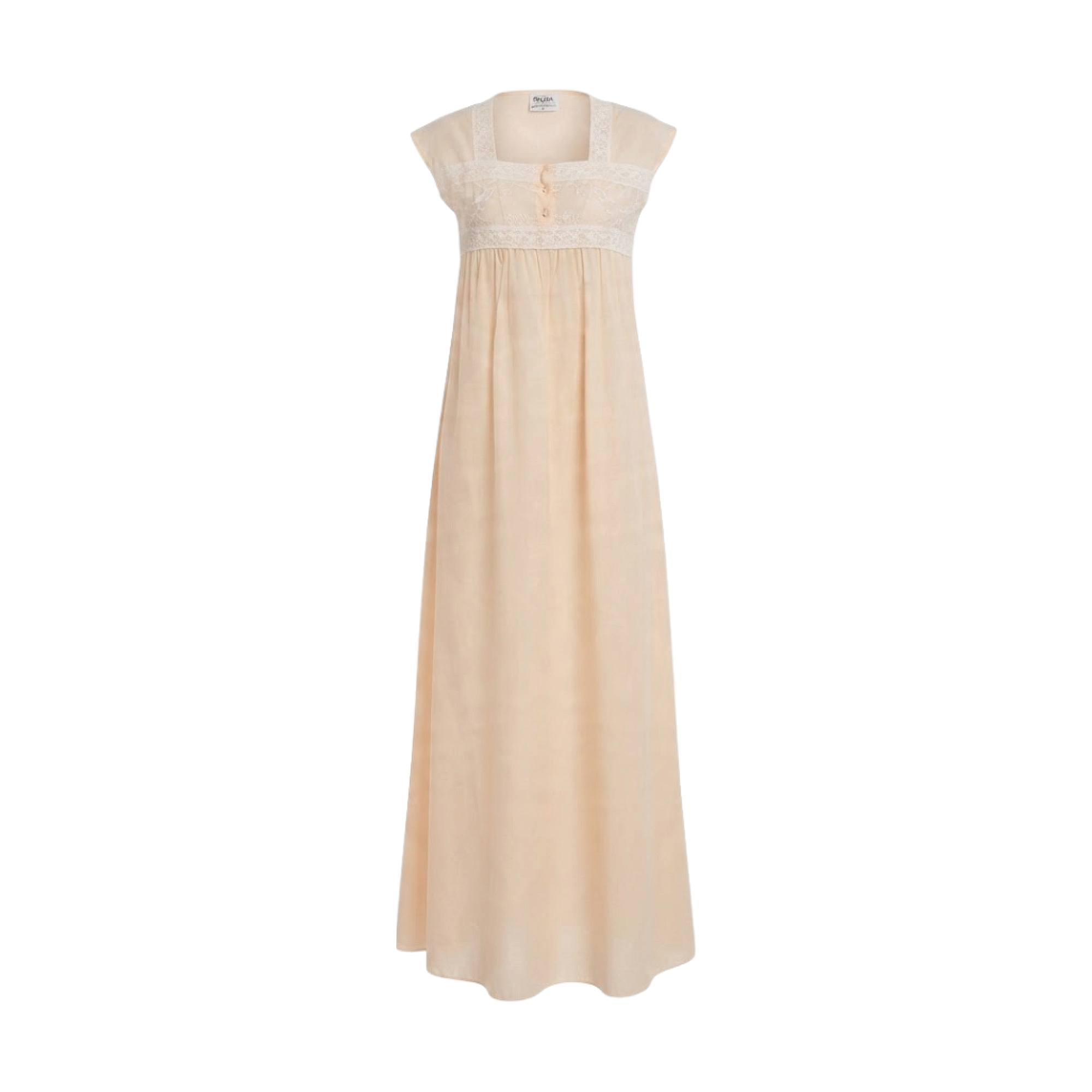 Light peach long abaya with square neckline, short sleeves, white lace embroidery on bodice and empire waist, and three front