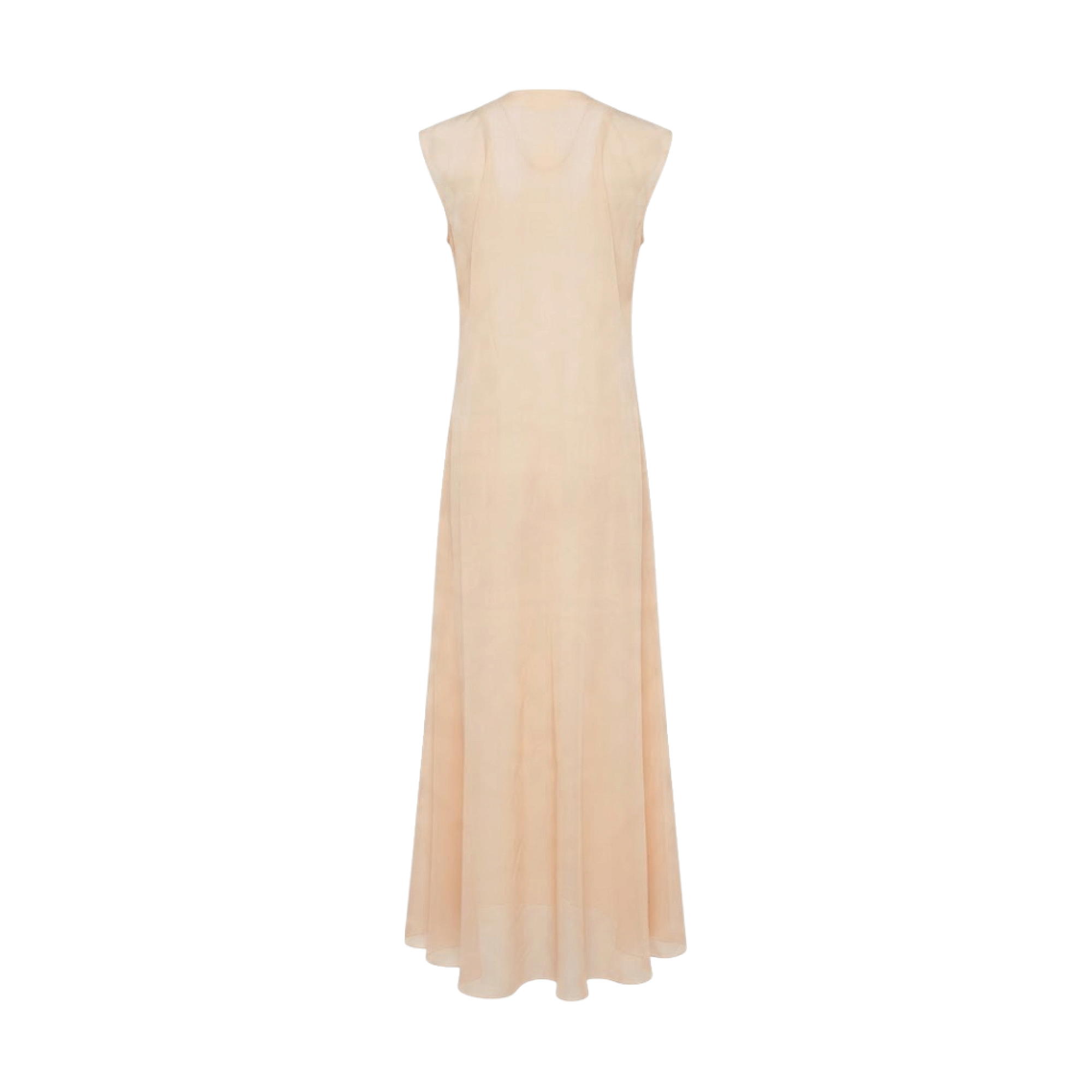 Light peach sleeveless abaya, back view. Features sheer, flowing fabric, a V-neck, and a long, relaxed silhouette.