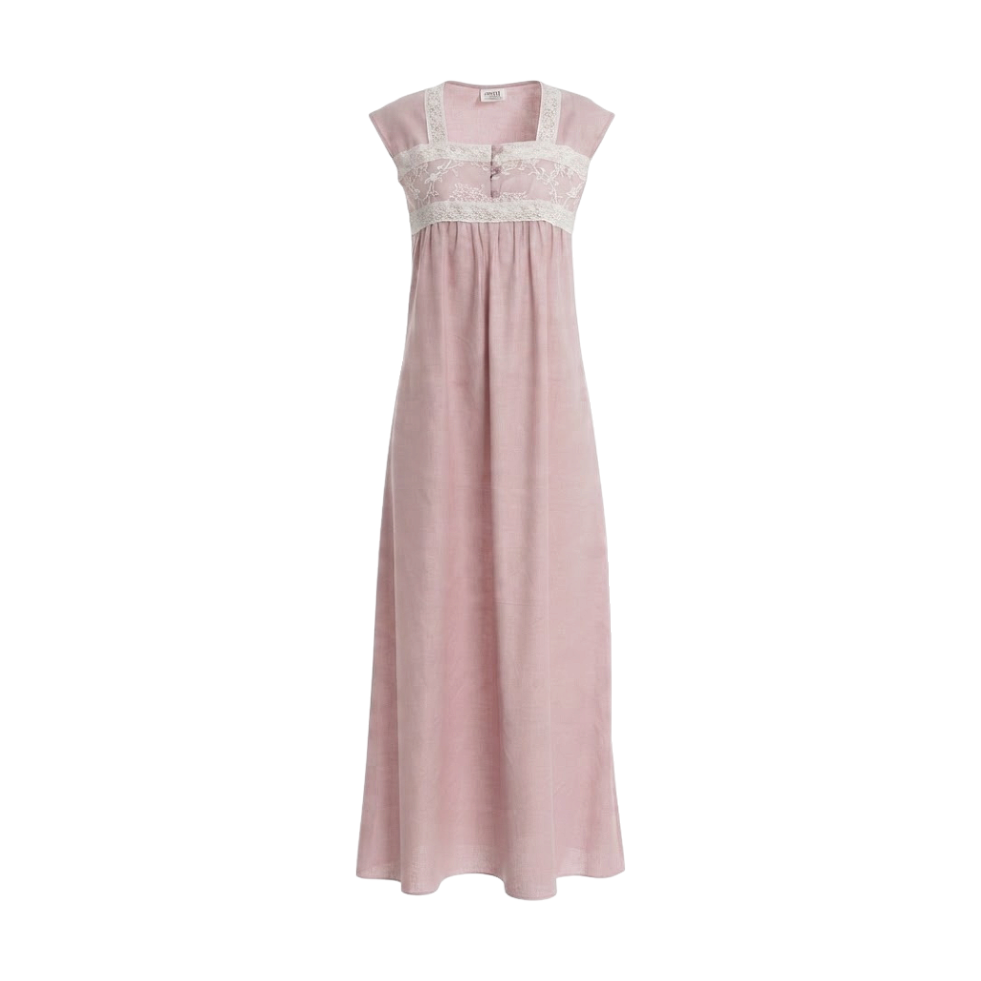 Pink long dress with square neckline, white lace trim and embroidery, two small buttons, cap sleeves, and empire waist.