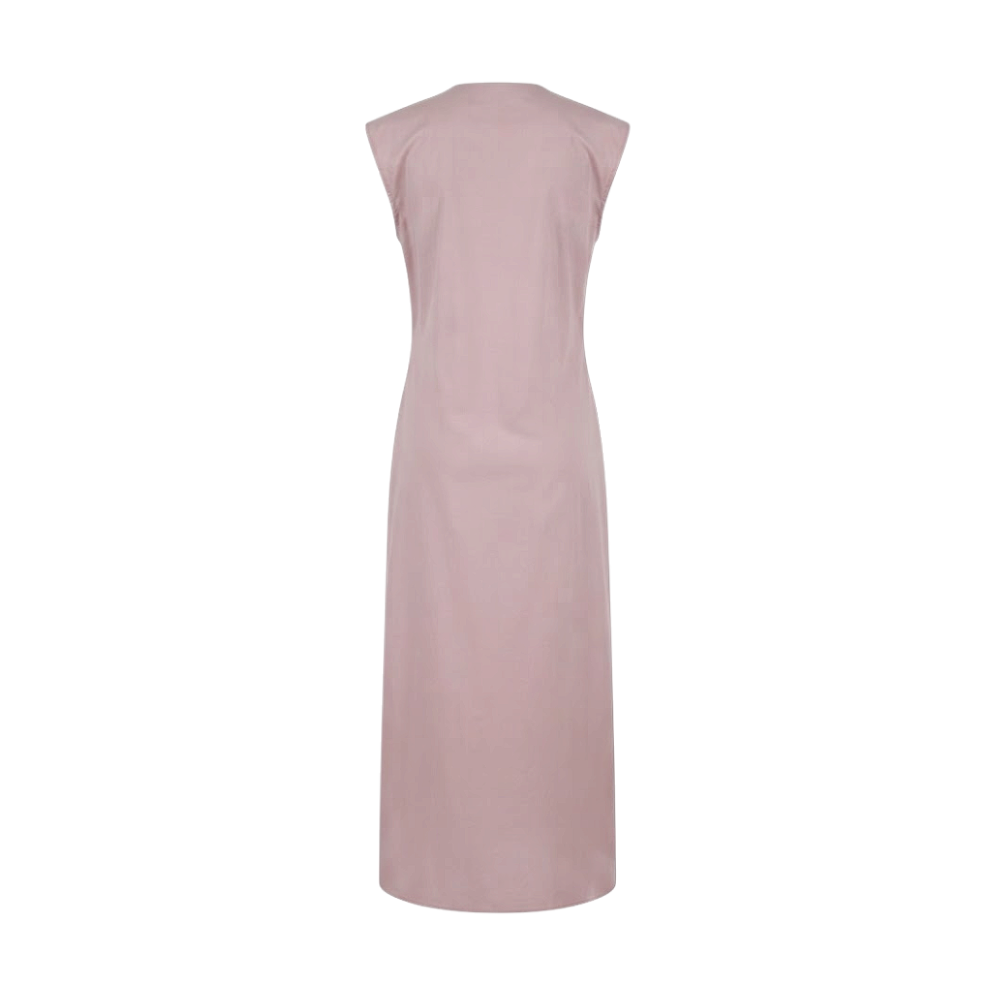 Back view of a plain, long, light pink abaya with cap sleeves and a simple round neckline.