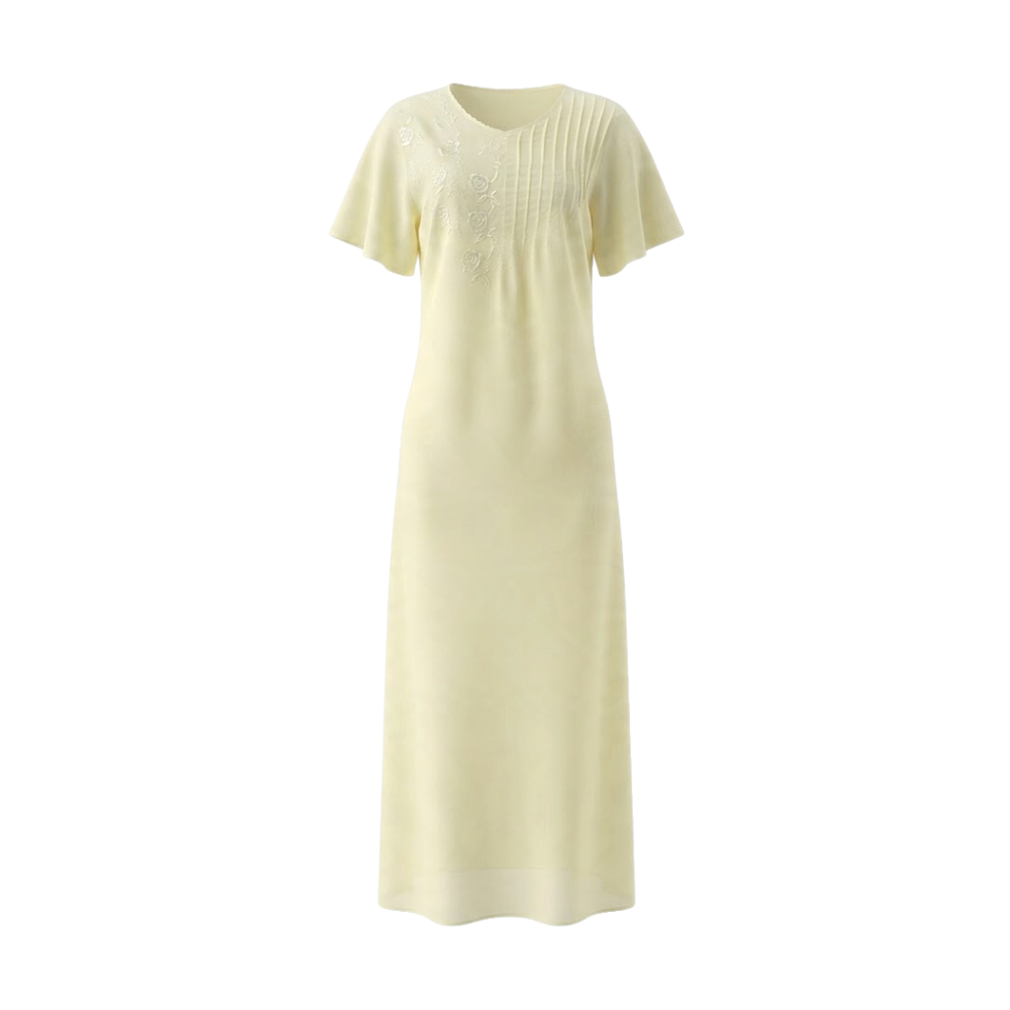 Light yellow long abaya with V-neck, short flutter sleeves, pleats on the right chest, and tone-on-tone floral embroidery on