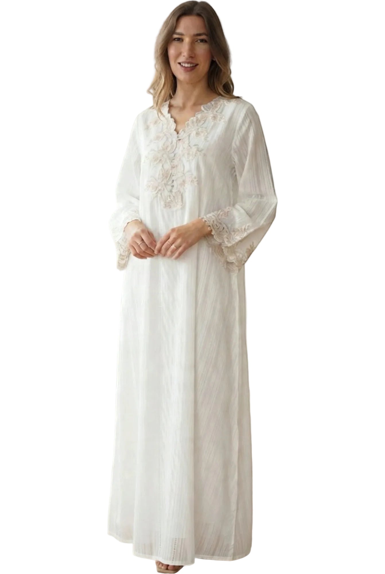 Ivory long abaya with a scalloped V-neckline and intricate light-toned embroidery on the bodice and wide sleeve cuffs.